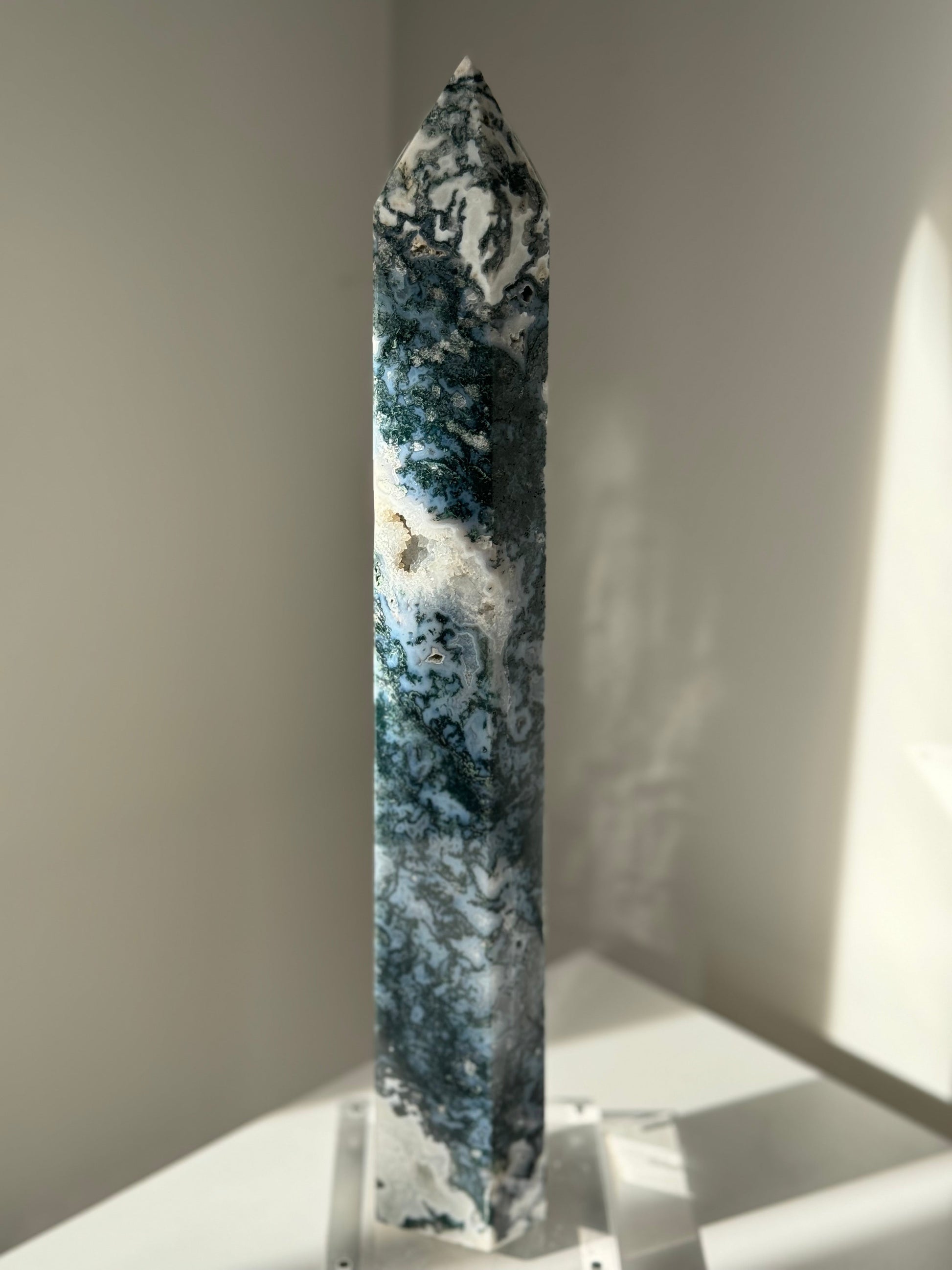 Bespoke Large Moss Agate Crystal Tower showcasing natural moss-like inclusions and pointed tip, perfect for home décor or energy work.