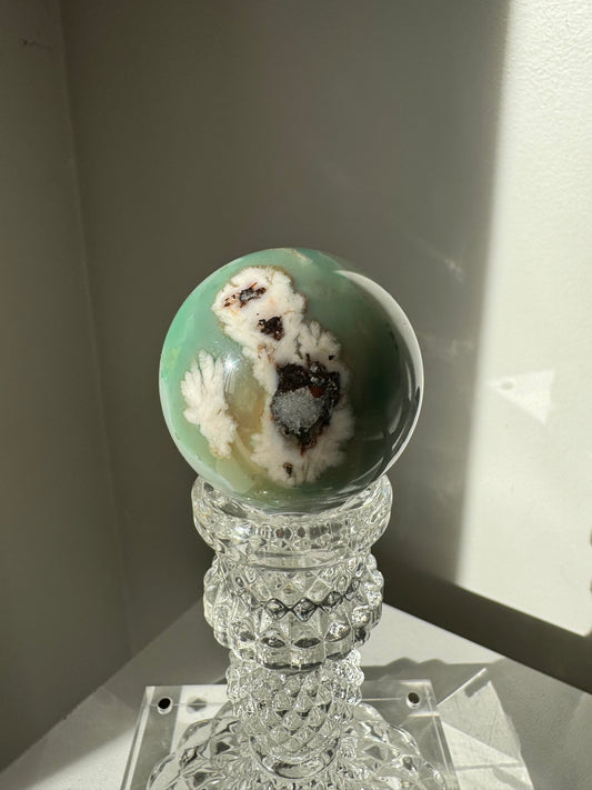 Green Flower Agate Crystal Sphere #4 with white floral inclusions and druzy | Bespoke Crystals