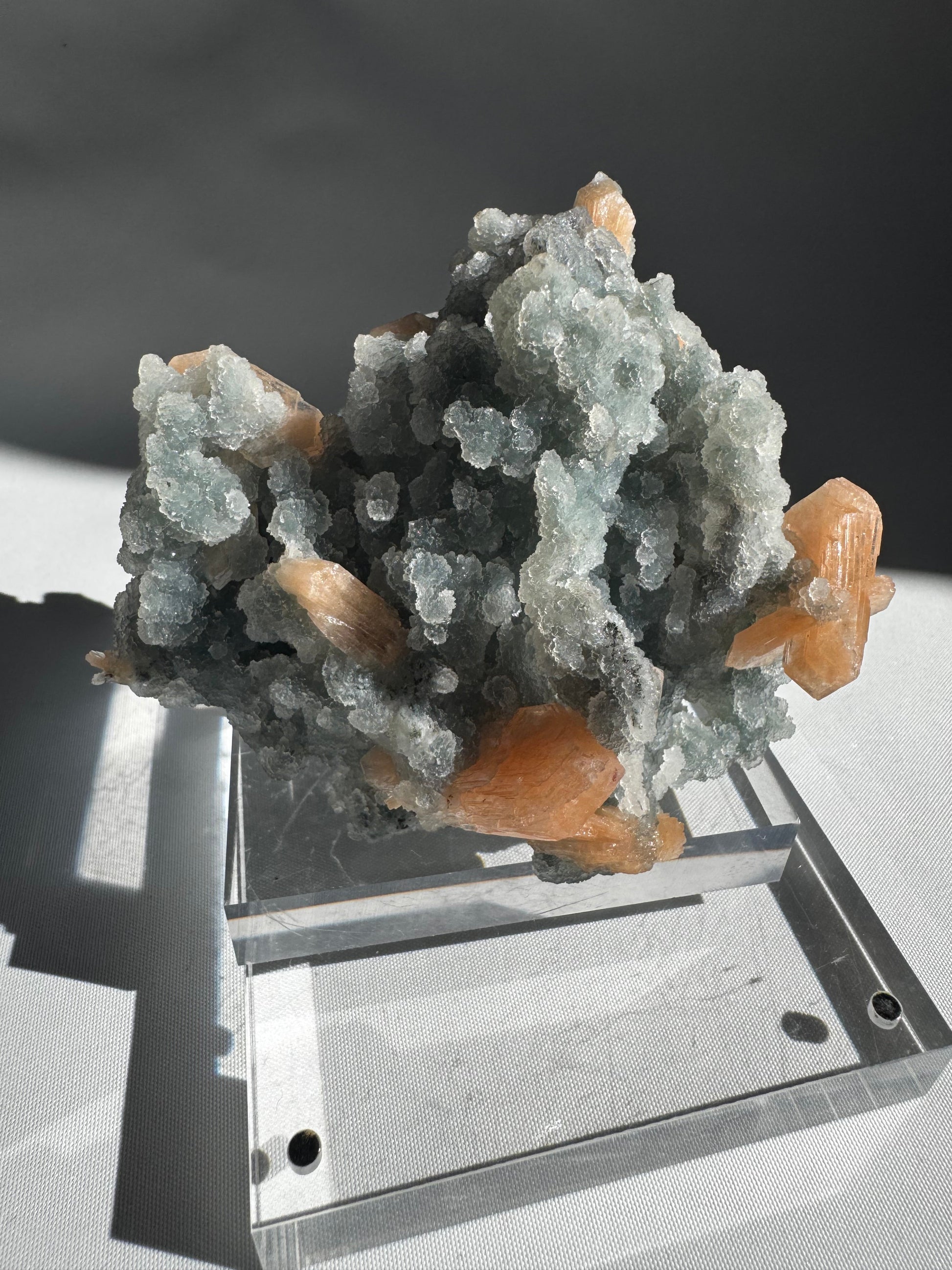 Blue Chalcedony with Stilbite Crystal #1 highlighting radiant orange Stilbite nestled in high-vibrational Chalcedony, perfect for crystal healing or decor.