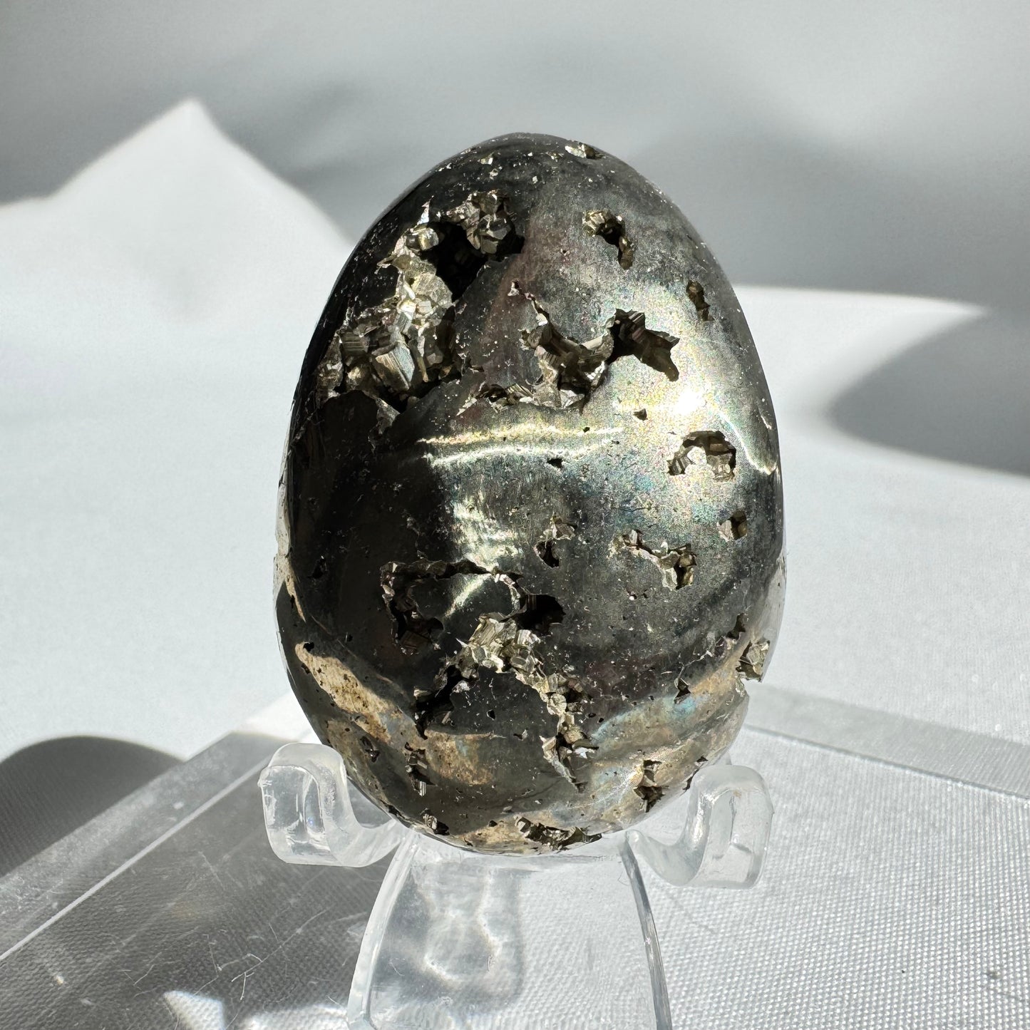 Polished Pyrite Crystal Palm Stone egg from CrystalsNZ with natural metallic luster and druzy cavities, ideal for collectors and energy work.