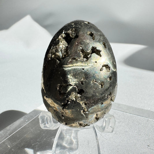 Polished Pyrite Crystal Palm Stone egg from CrystalsNZ with natural metallic luster and druzy cavities, ideal for collectors and energy work.