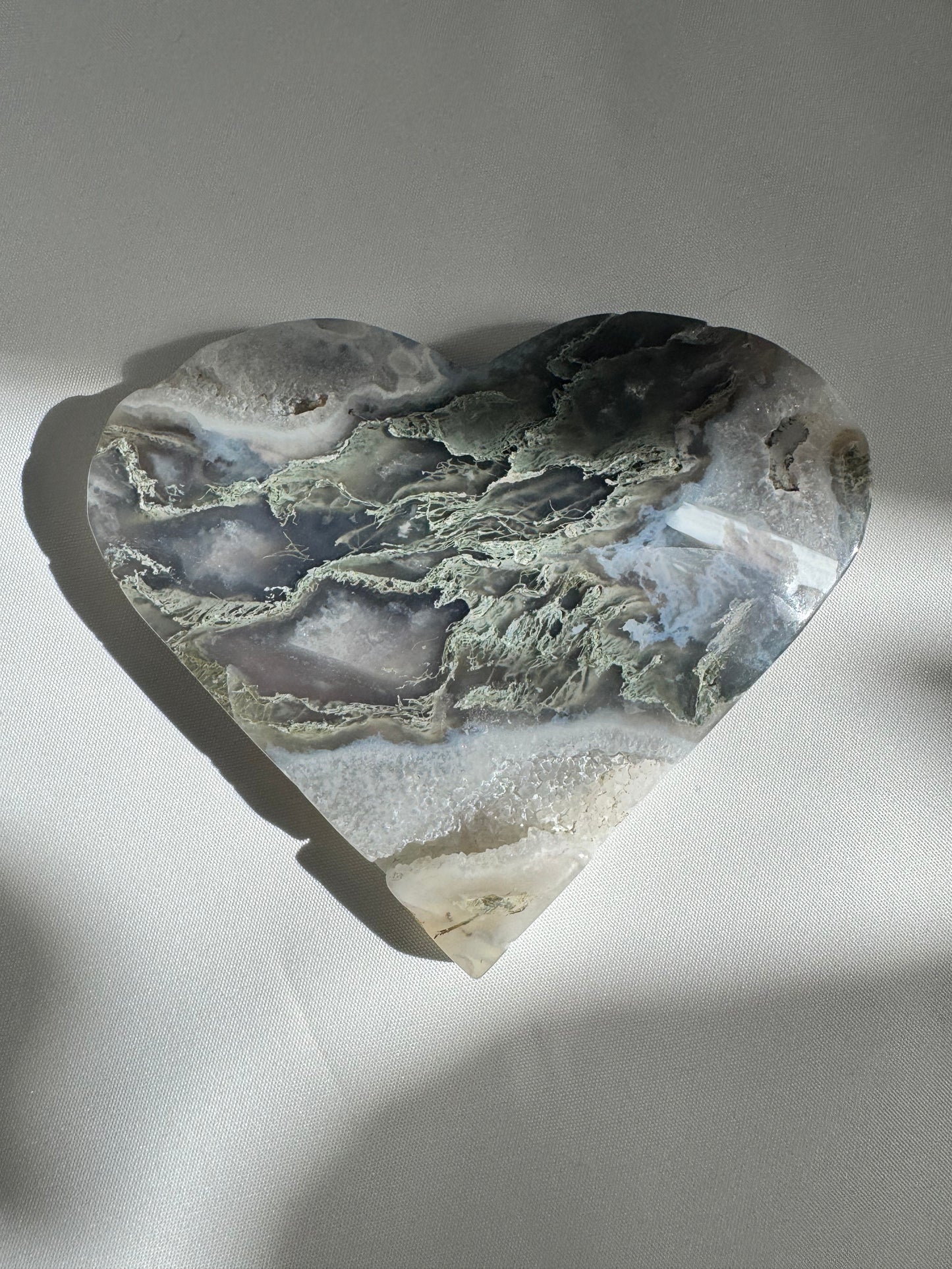 Moss Agate heart crystal with detailed natural Druze | Healing Crystals NZ