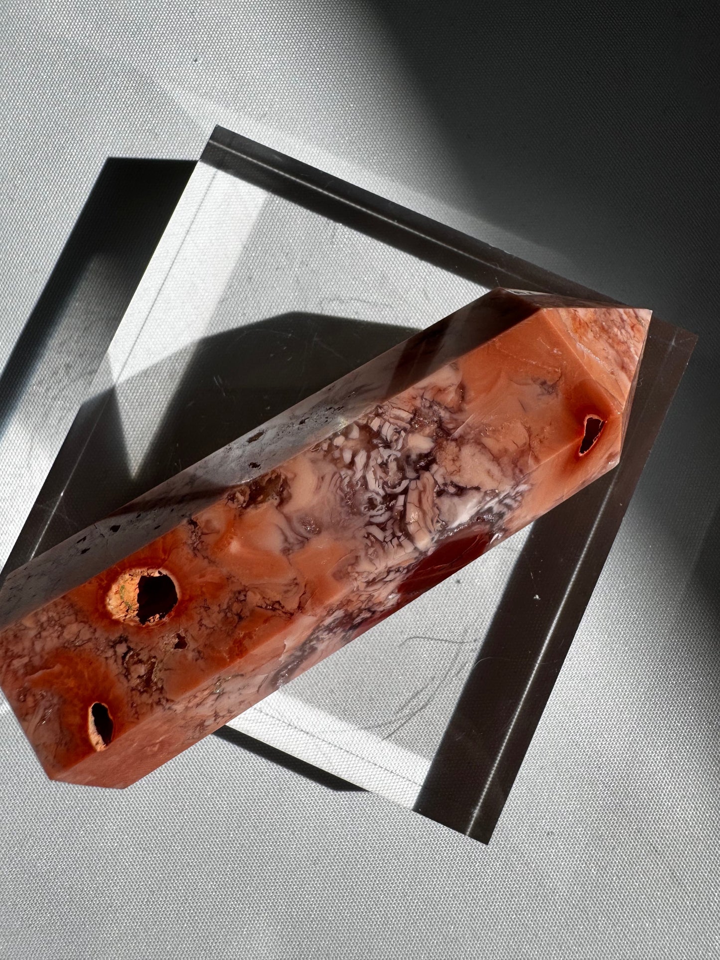 Cotton Candy Agate Crystal Point #4 with natural inclusions and brecciated textures, highlighting its unique mineral composition.