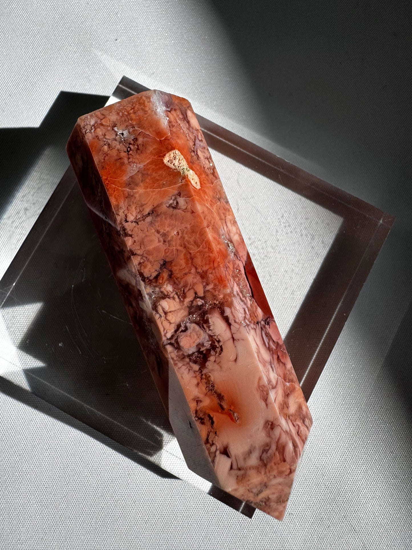 Polished Cotton Candy Agate Crystal Point #4 showcasing deep peach and pink jasper patterns, perfect for crystal healing and display.