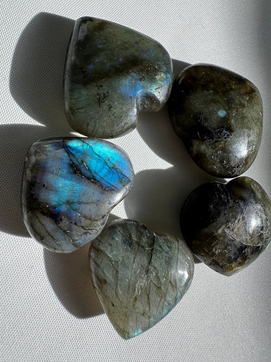 Set of five Labradorite Crystal Mini Hearts showcasing unique labradorescence, ideal for collectors of bespoke crystals and metaphysical stones.