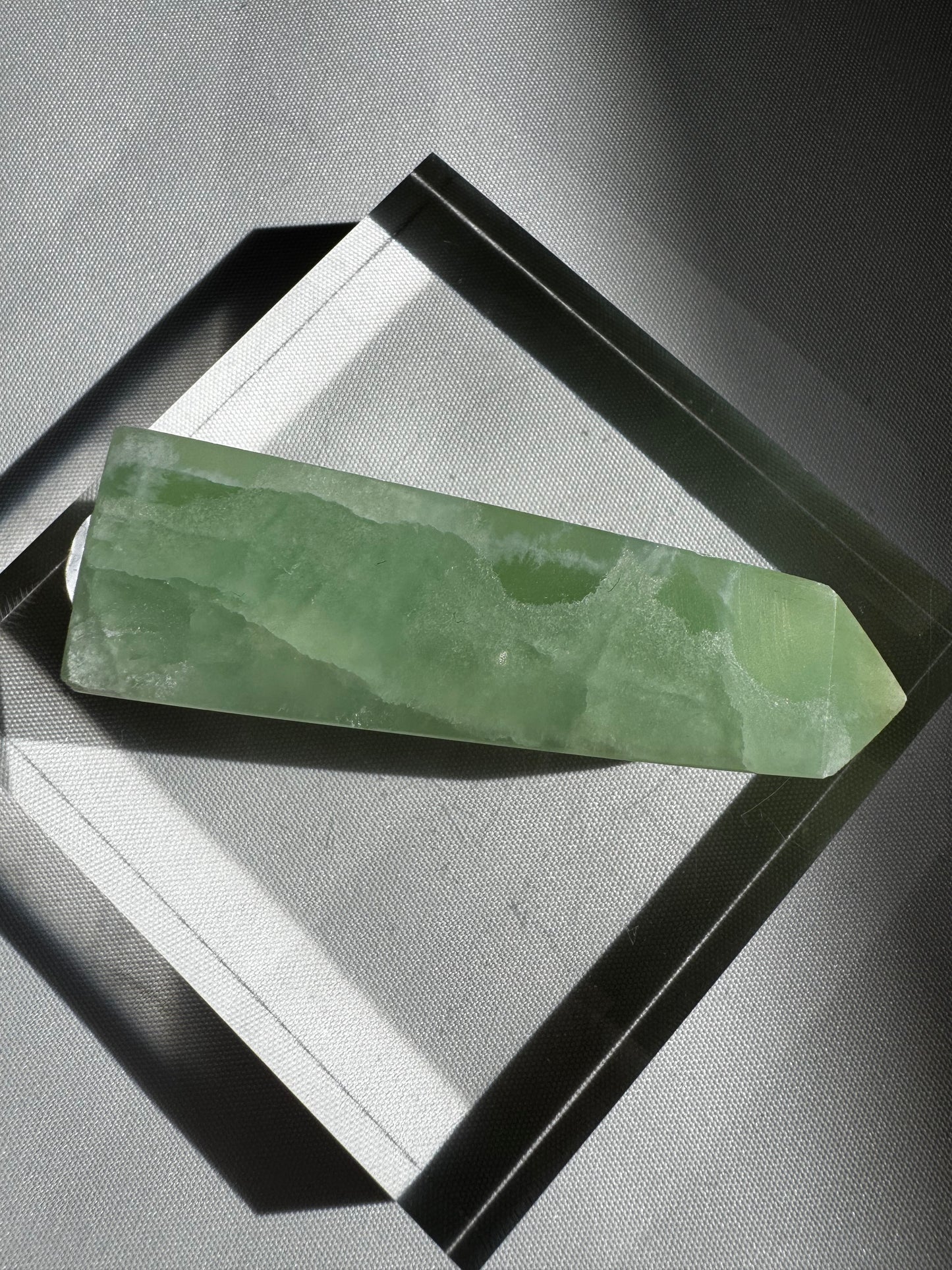 Horizontal view of Pistachio Calcite Crystal Mini Tower #1 | Bespoke Crystals