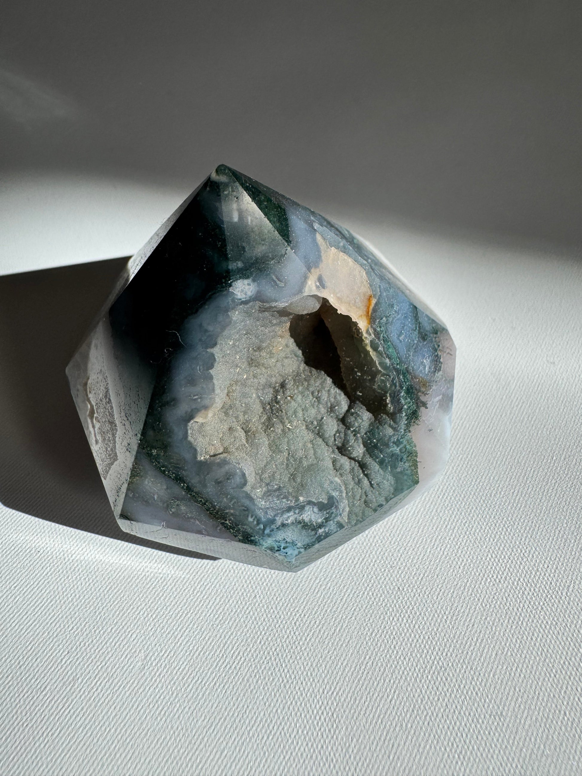 Moss Agate Crystal Diamond with natural geode cavity and green inclusions, ideal for bespoke crystal collectors and energy balancing.