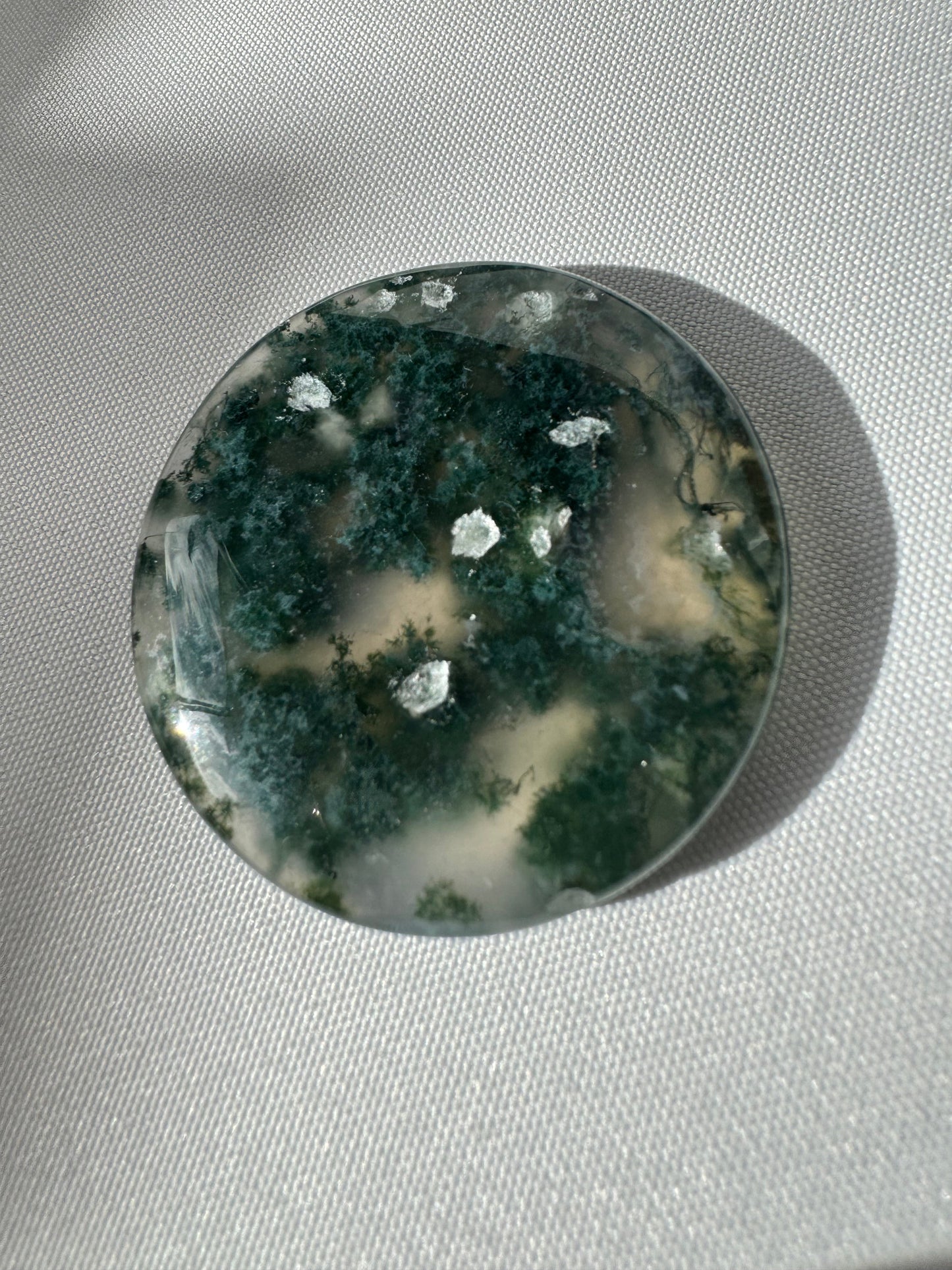 Unique Moss Agate Crystal Coin | Bespoke Crystals with cloudy inclusions and forest-like patterns, ideal for rock and fossil collectors.