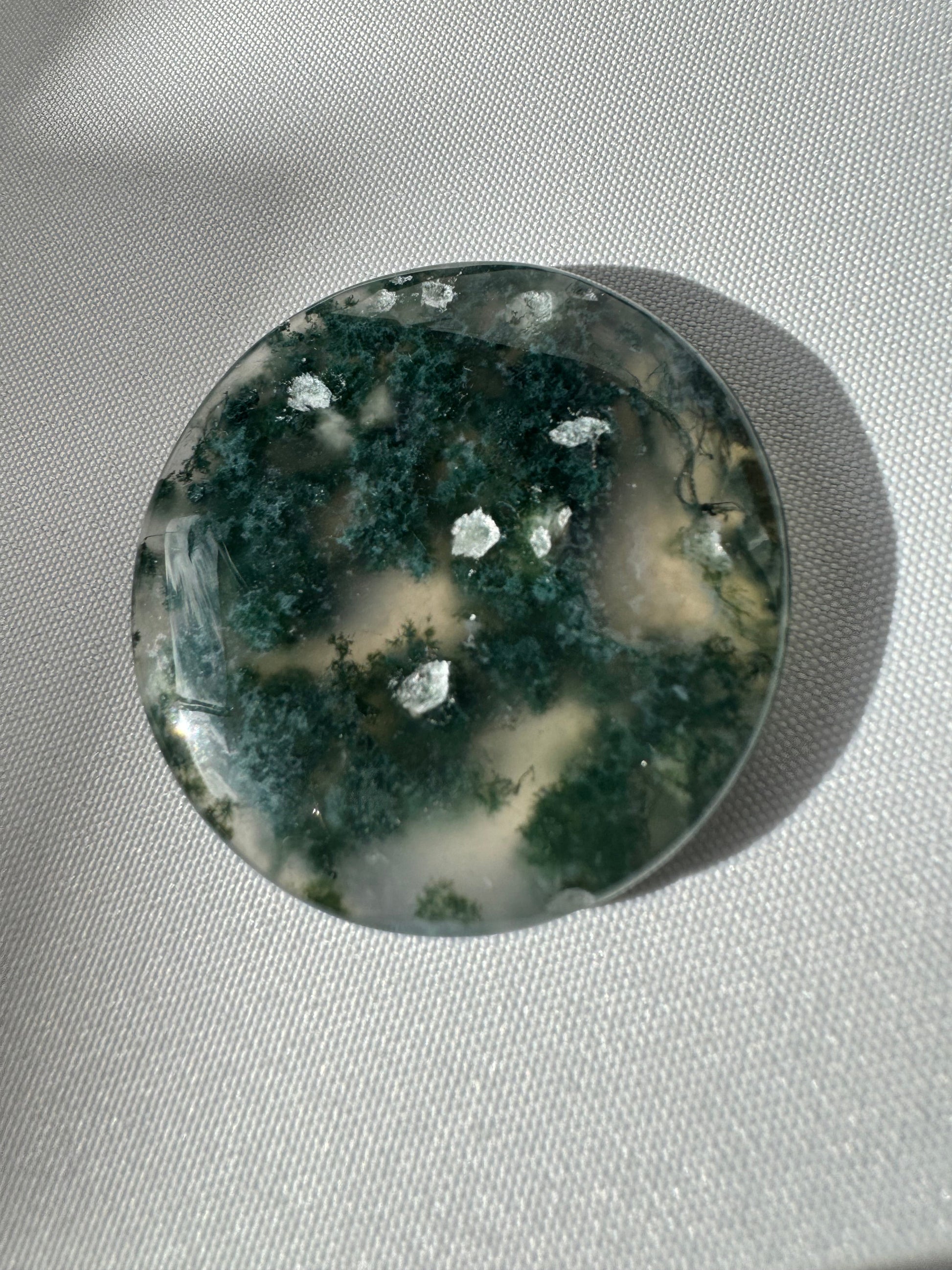 Unique Moss Agate Crystal Coin | Bespoke Crystals with cloudy inclusions and forest-like patterns, ideal for rock and fossil collectors.