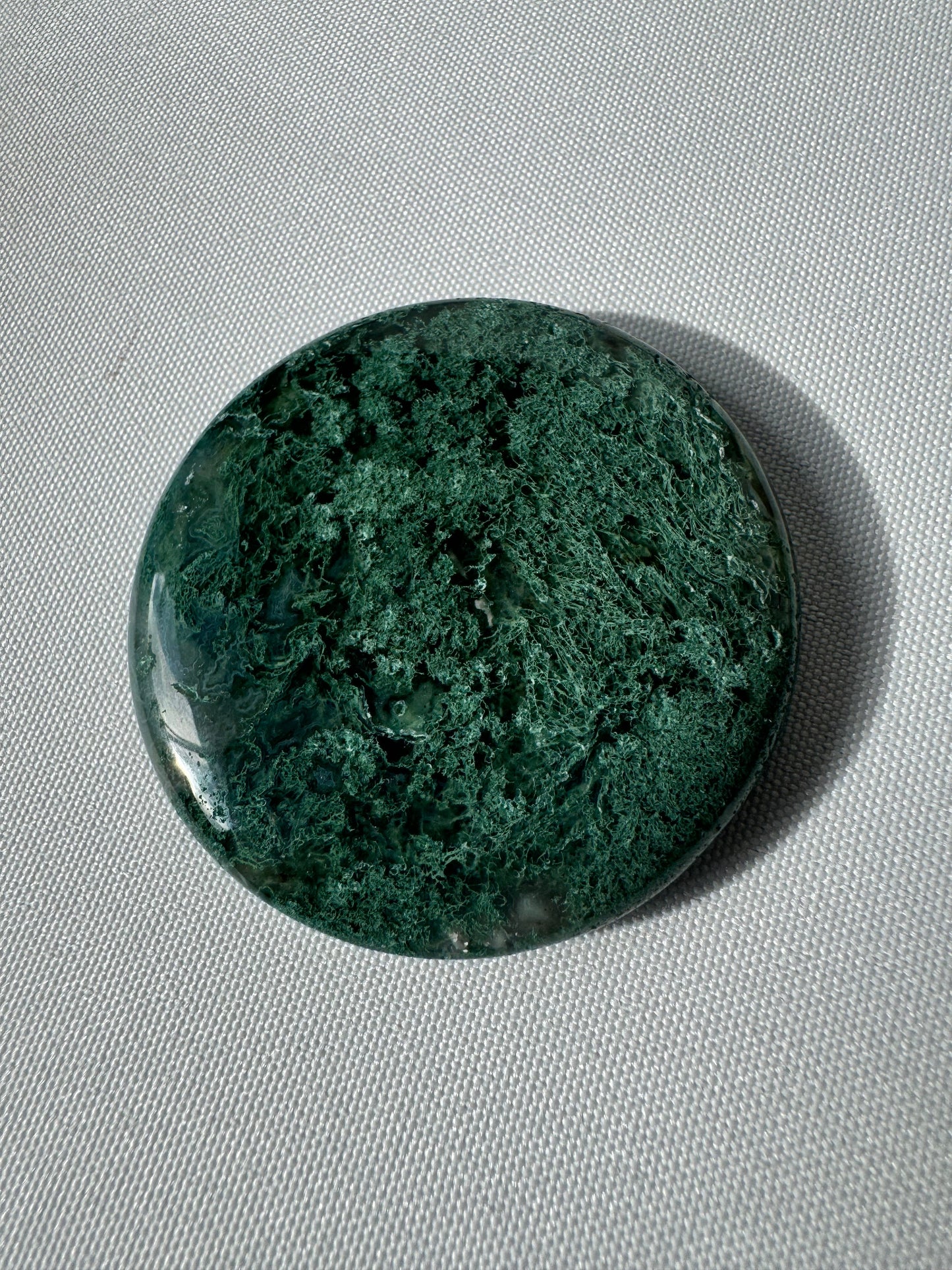 Polished Moss Agate Crystal Coin | Bespoke Crystals with dense green texture, perfect for pocket storage or gemstone displays.