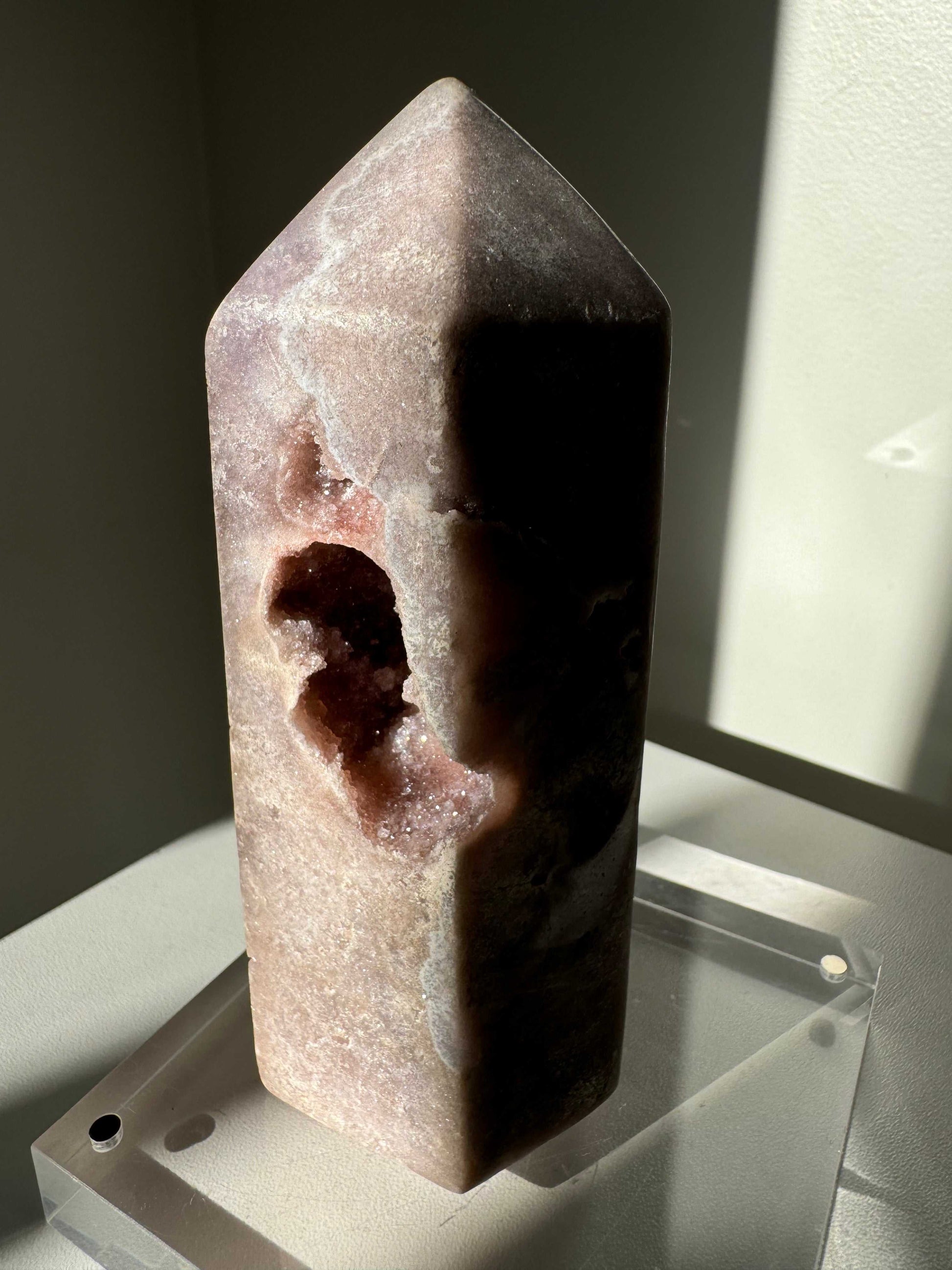 Pink Amethyst Tower with natural druzy | Ideal for collectors of rare calming crystals.