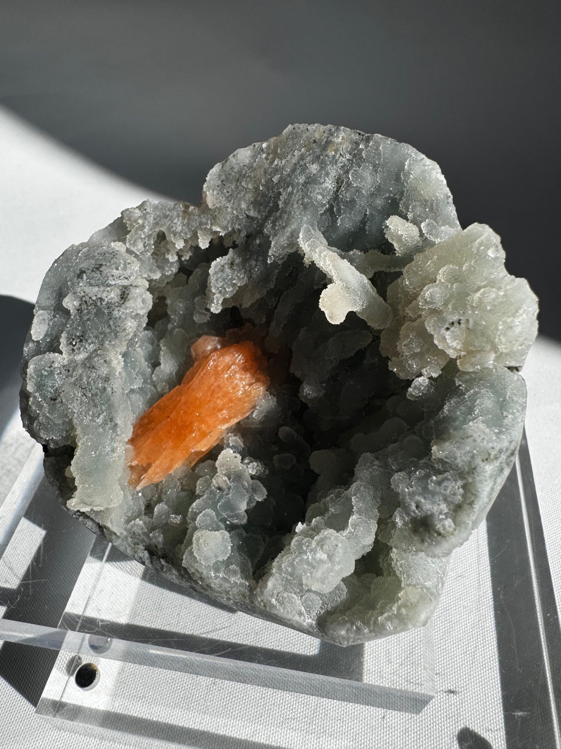 Chalcedony with Stilbite Crystal #2 from Nasik mines, showcasing radiant orange Stilbite on soft Chalcedony Crystal