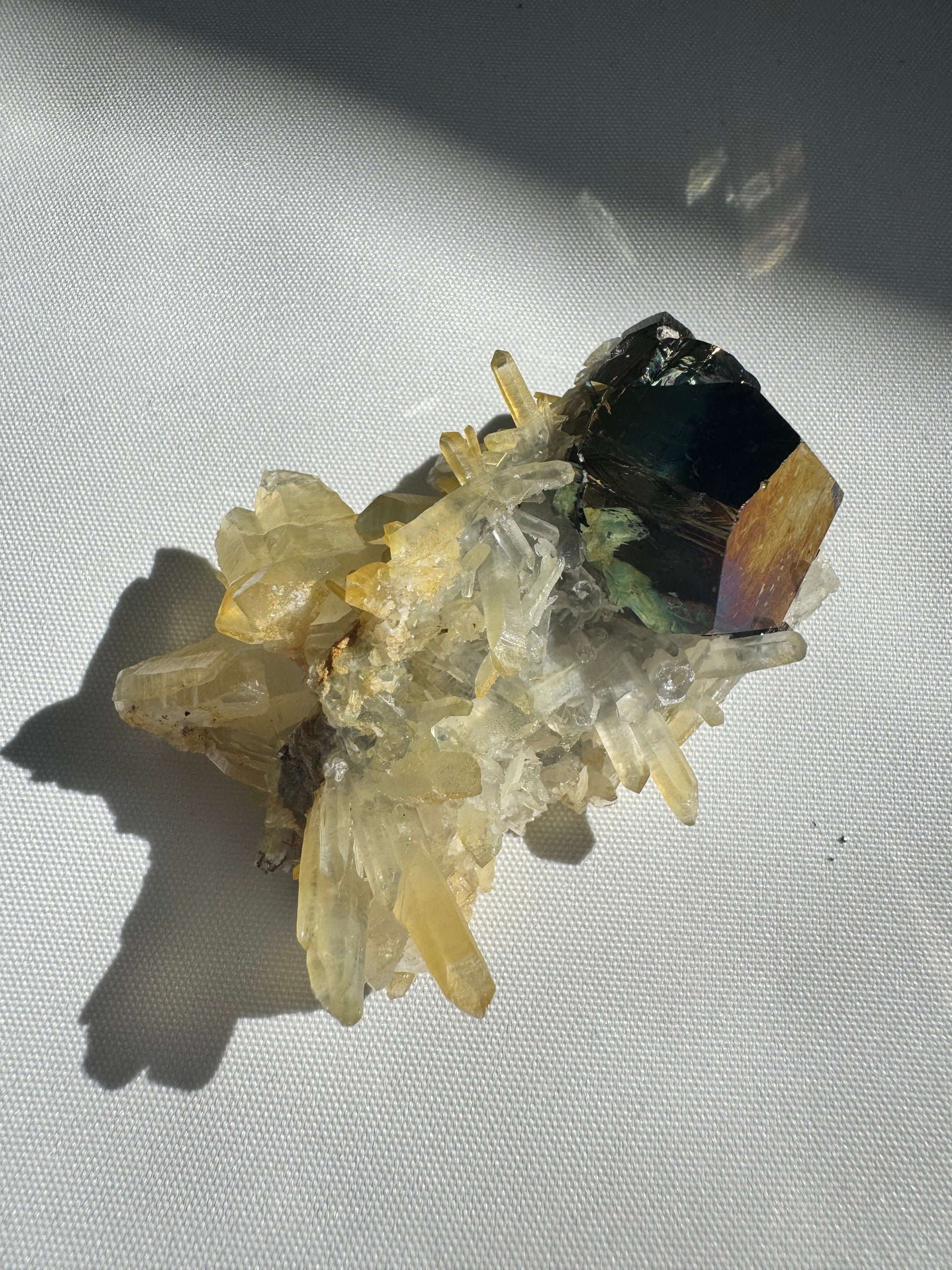Iridescent Pyrite Crystal on Quartz #5 showcasing a dazzling rainbow pyrite cluster on clear and yellow quartz, perfect for mineral enthusiasts.