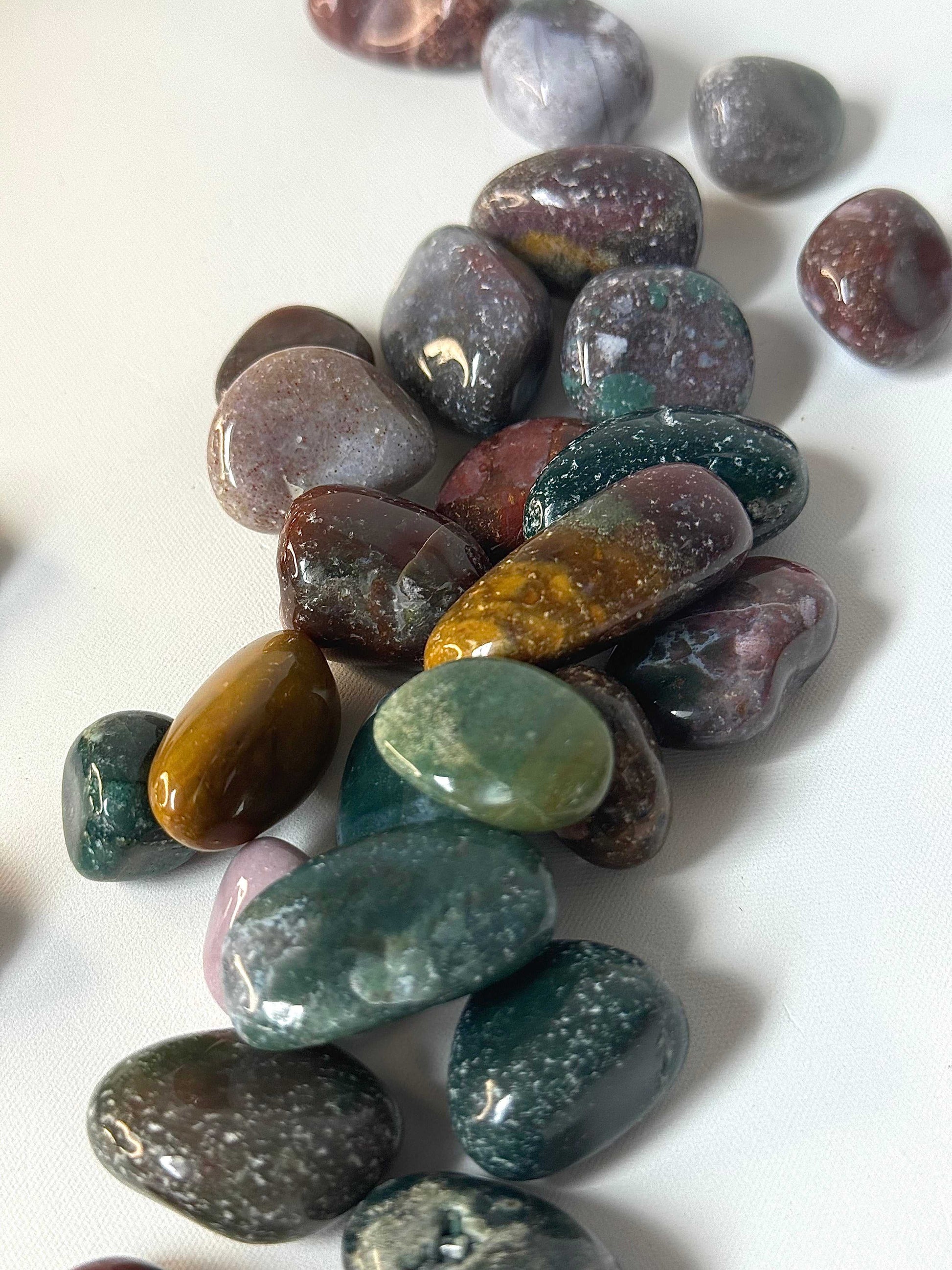 Ocean Jasper Crystal Tumble Stones - Healing Benefits | Self Love. Polished multicolored Ocean Jasper stones for meditation and spiritual healing.
