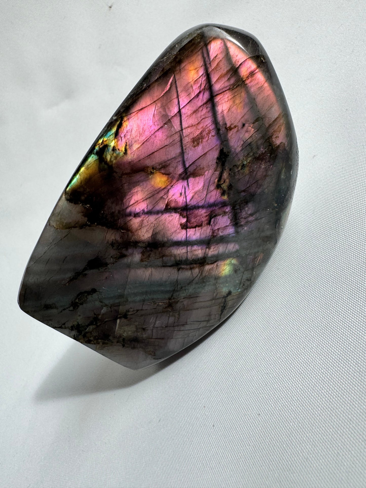 HQ Labradorite Freeform with vivid iridescent flash in pinks, purples, and golds, ideal for collectors as a statement piece.