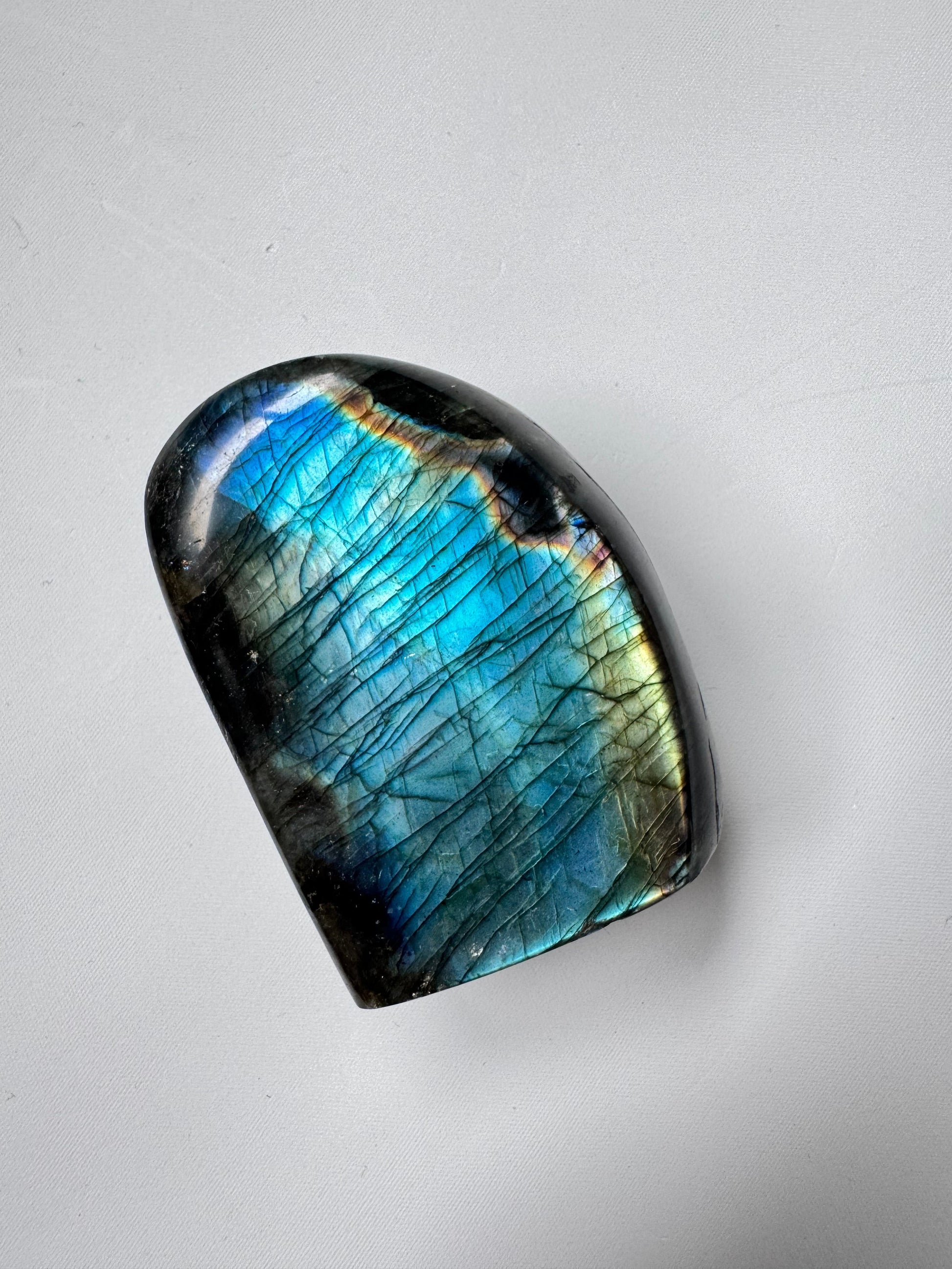 Labradorite Crystal Freeform A01 with striking iridescence in blue and gold tones, a premium piece for crystal enthusiasts.
