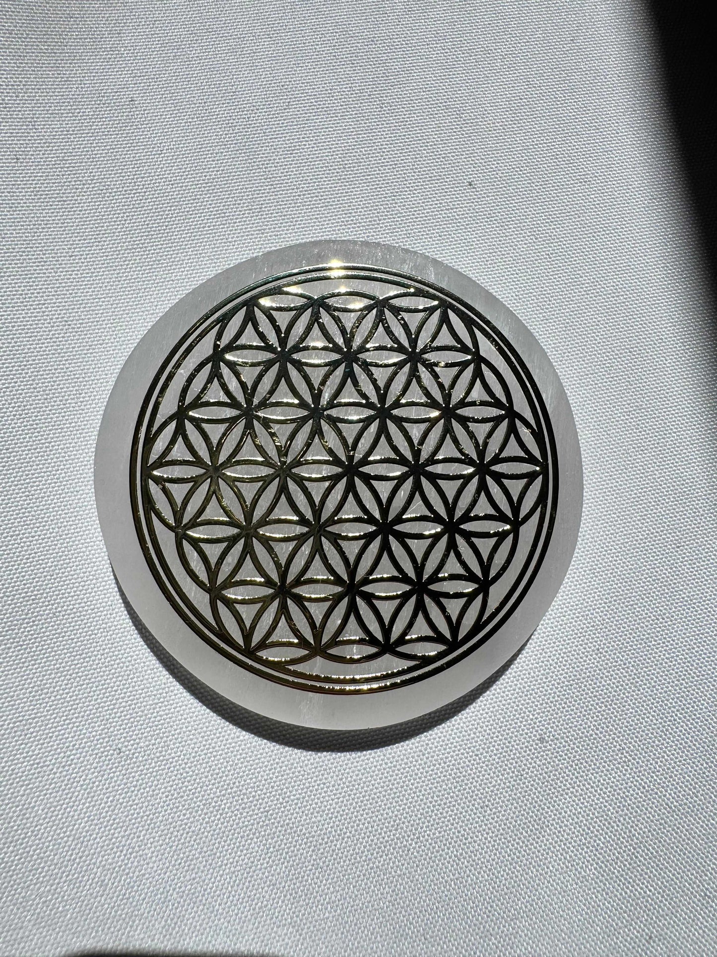 Selenite Gold Flower of Life Crystal Charging Plate