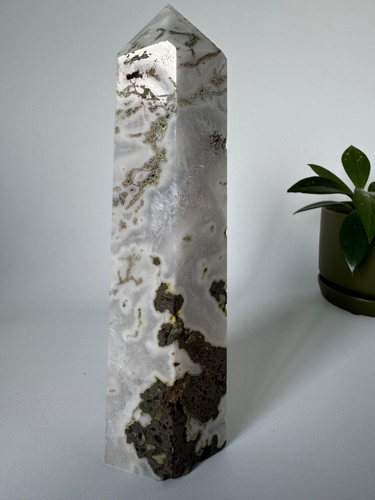 Moss Agate Druze Tower with Pyrite