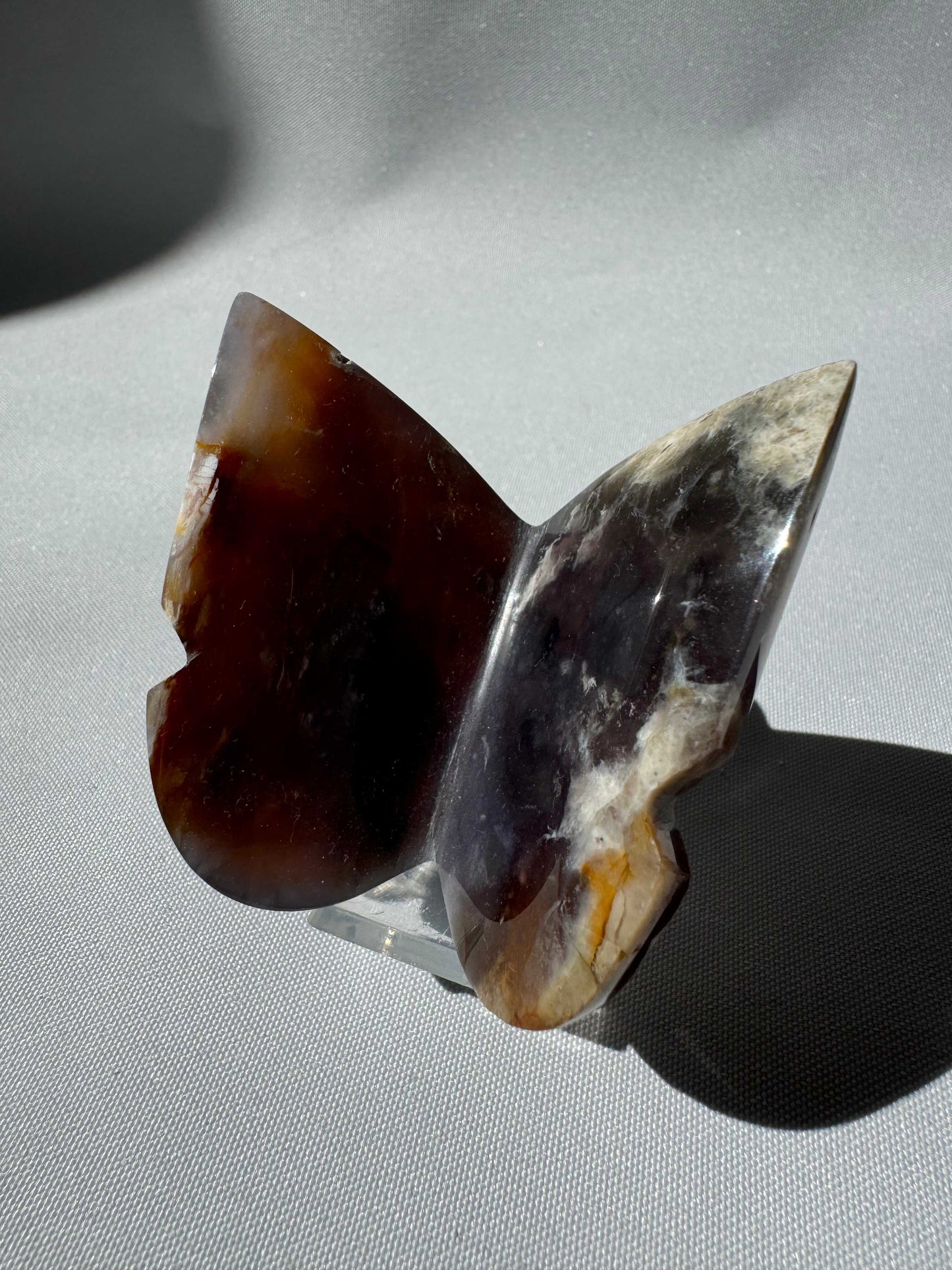 Angled view of Purple Chalcedony Crystal 3D Butterfly | Bespoke Crystals