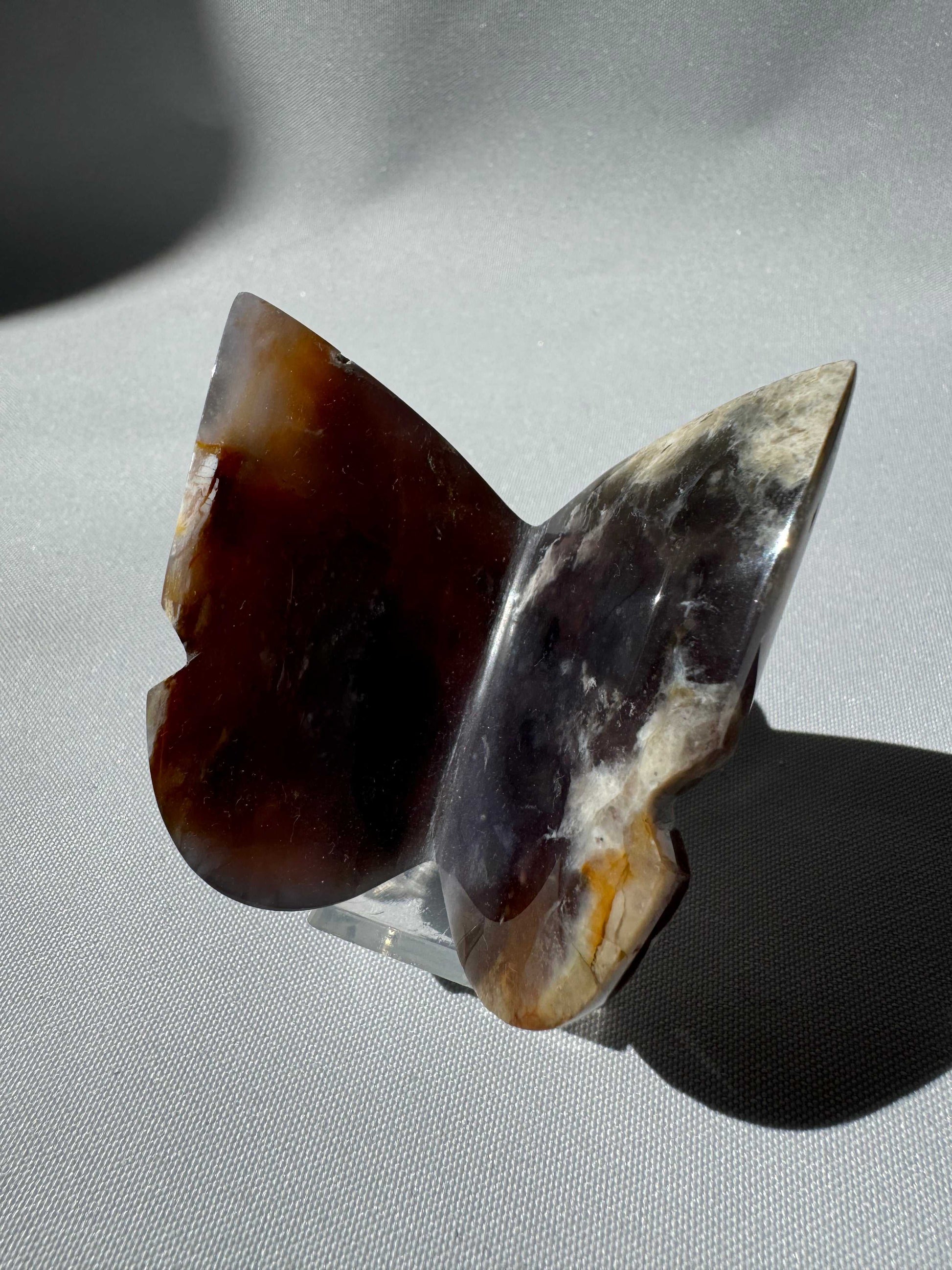 Angled view of Purple Chalcedony Crystal 3D Butterfly | Bespoke Crystals