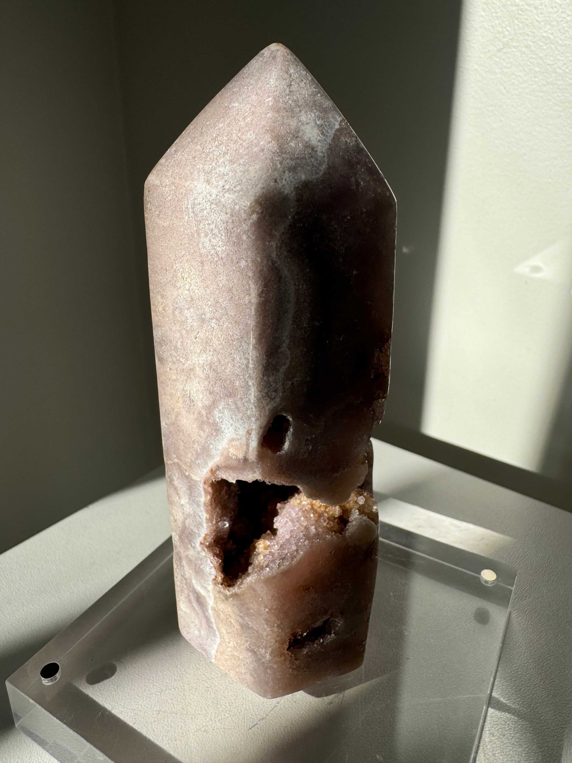 Side view of Pink Amethyst Tower crystal featuring raw druzy inclusions. A unique collectible gem for spiritual and decorative use.