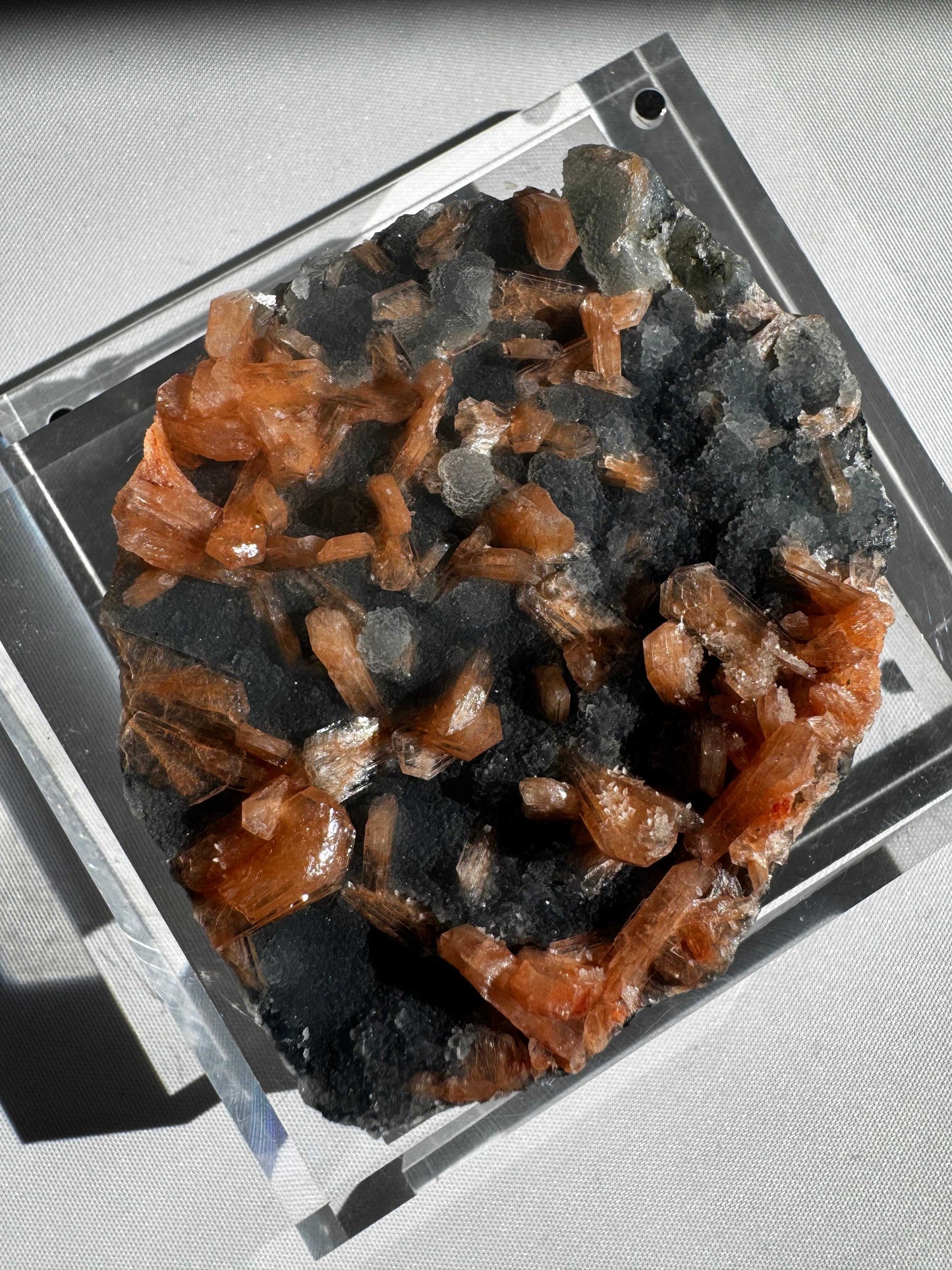 Rare Blue Chalcedony with Orange Stilbite Crystal #7 specimen with high-vibrational orange Stilbite formations on a smooth Chalcedony slab.