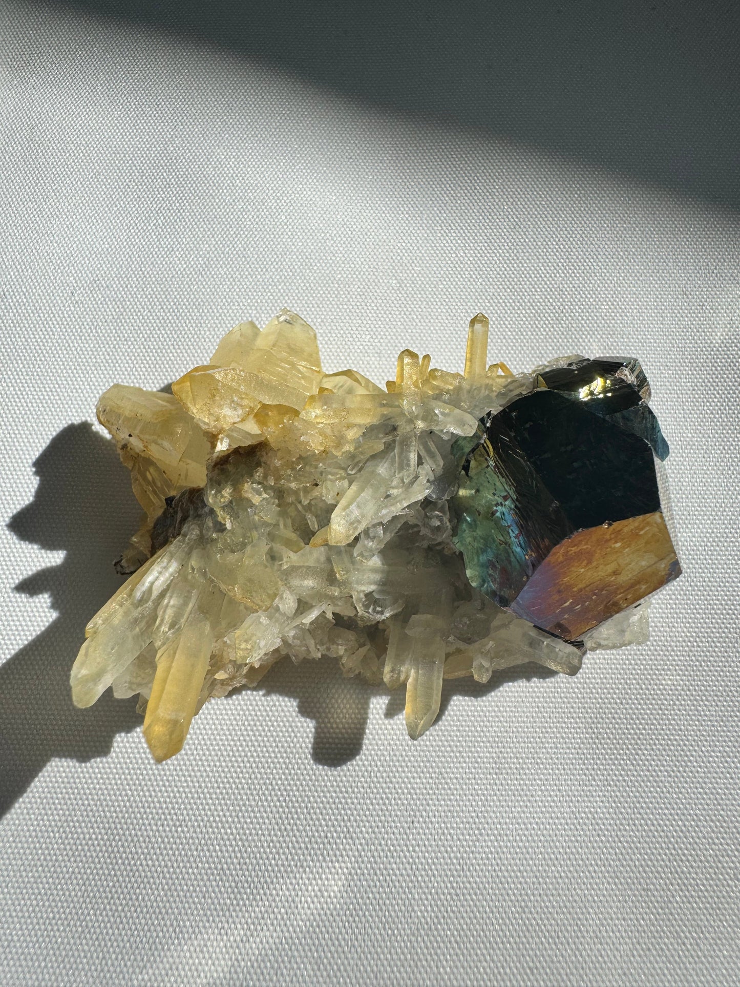 Iridescent Pyrite Crystal on Quartz #5 with vibrant gold, violet, and green hues on pyrite, set against sharp quartz formations for display.