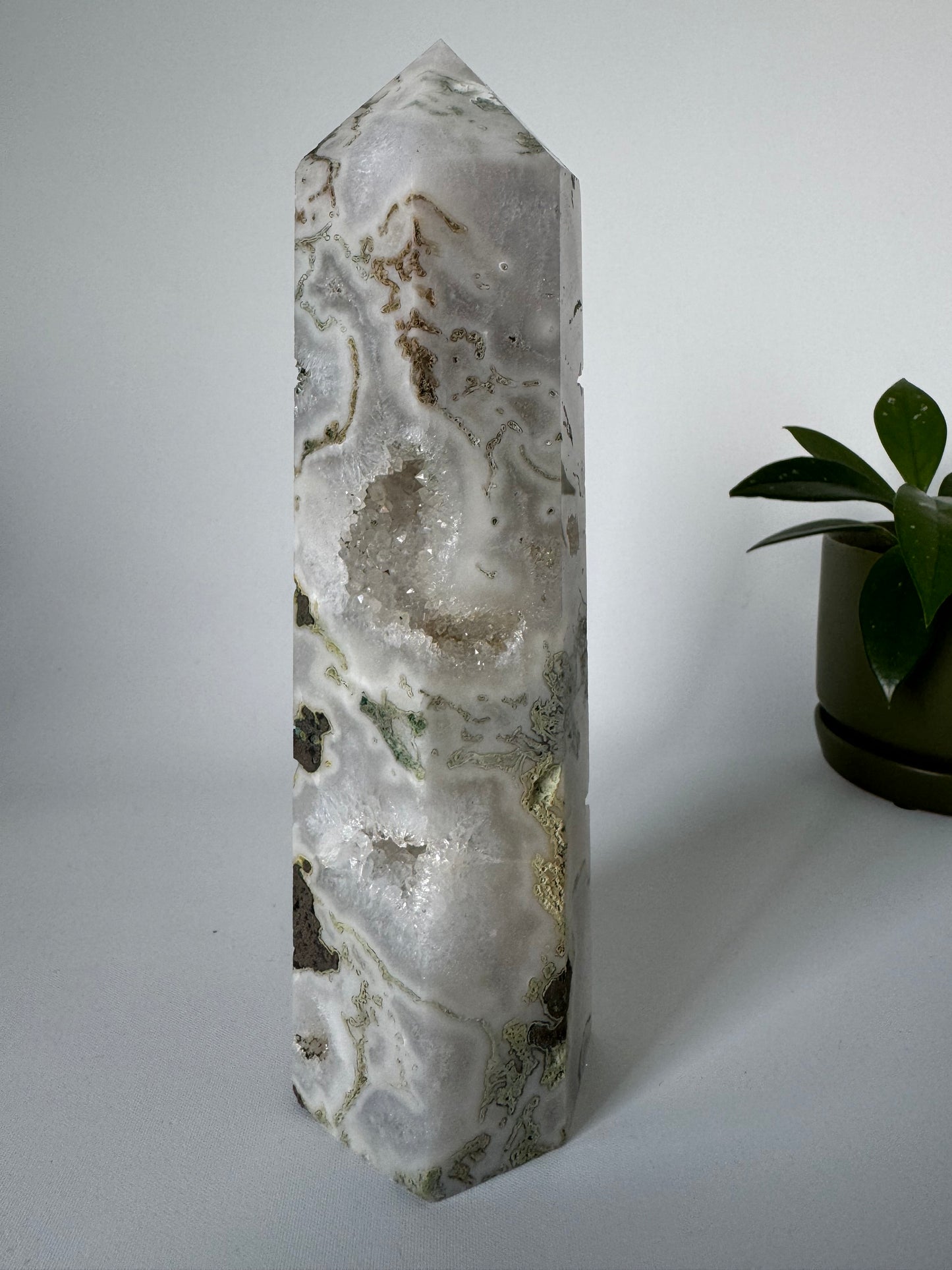 Moss Agate Druze Tower with Pyrite