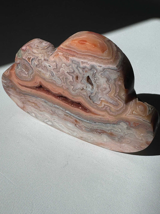 Pink Lace Agate Crystal Cloud #2 with intricate pink, white, and orange banding, Ideal for rare crystal collectors | bespoke Crystals Auckland NZ