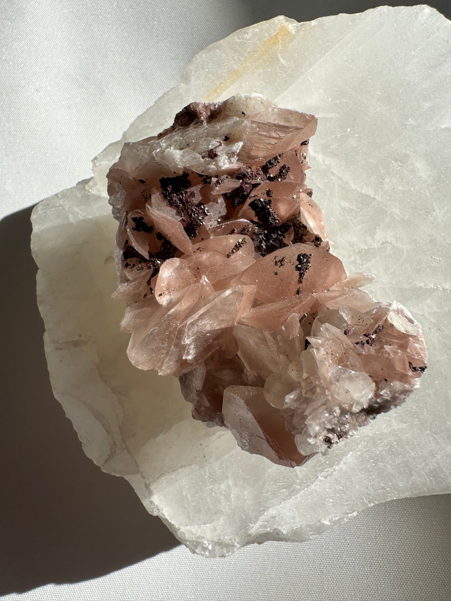 Rare Pink Benz Calcite Crystal with Chalcopyrite #4 showing layered pink calcite points with shimmering chalcopyrite flecks from Hubei, China.