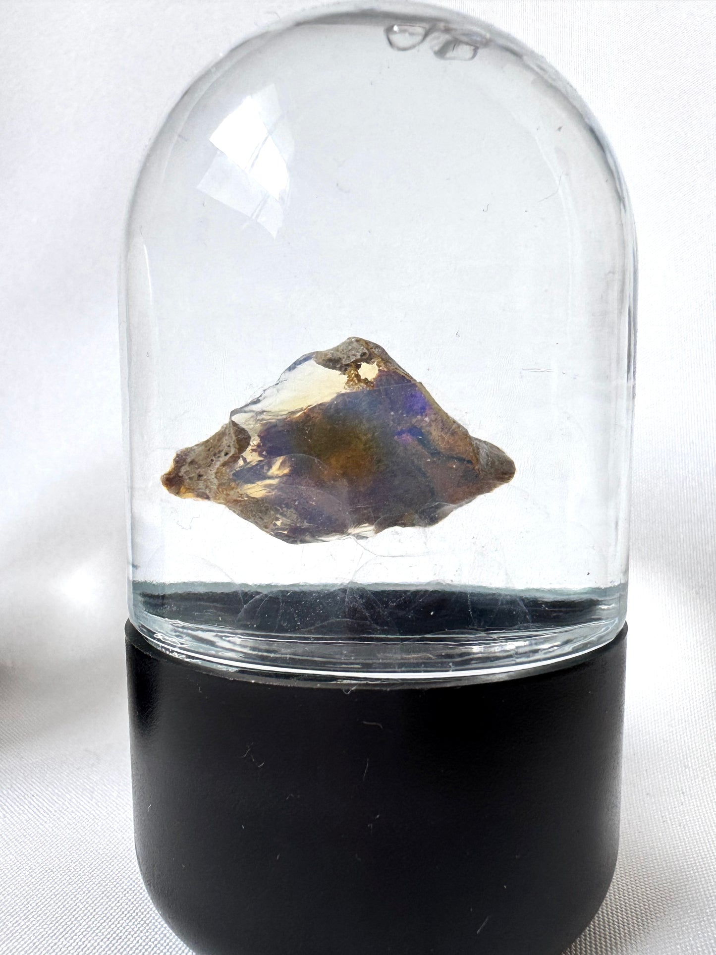 Welo Water Opal #5 - Ethiopian Gem displayed in a glass dome with black base, showcasing vibrant hydrophane color play in natural light.