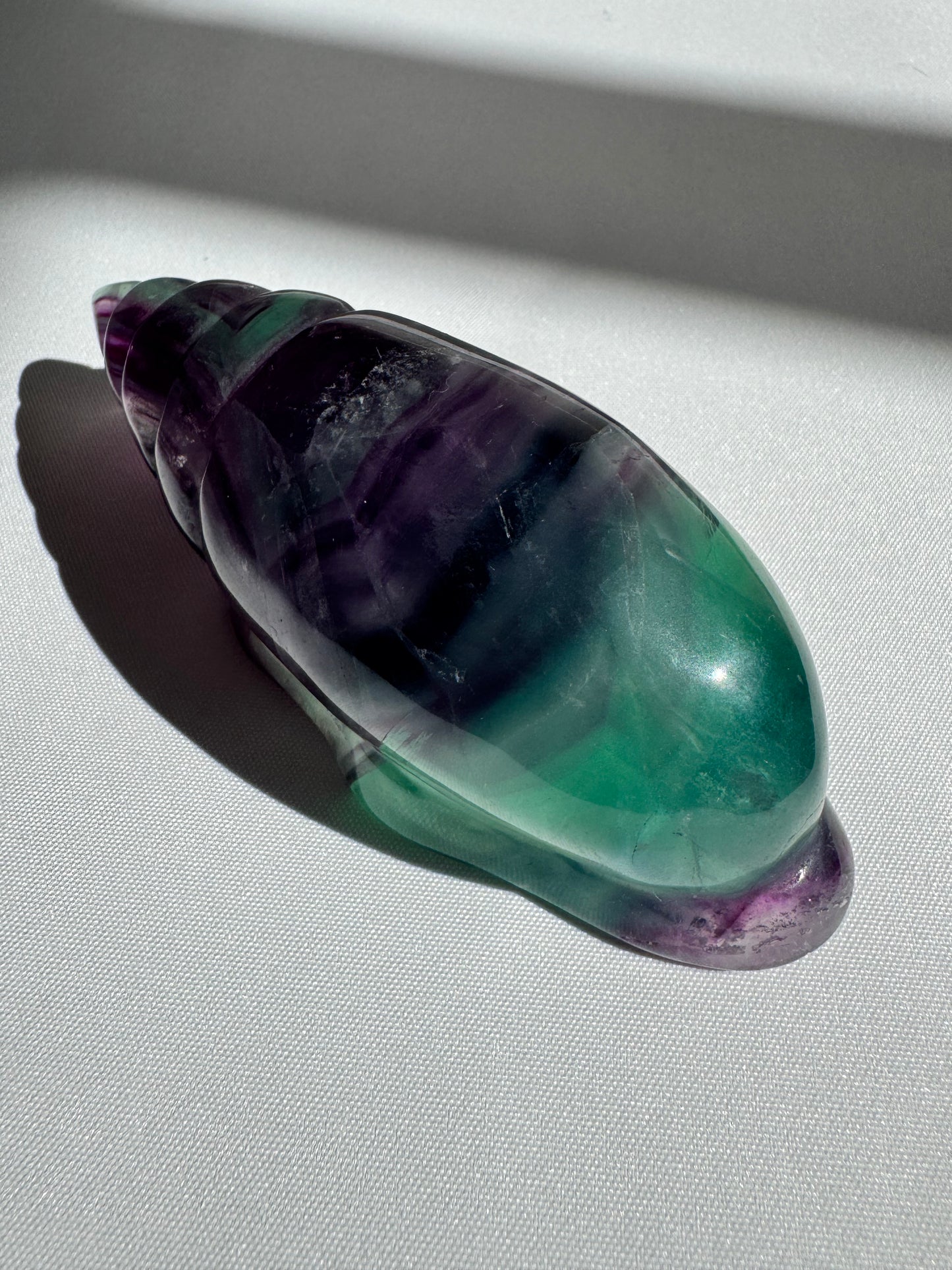 Close-up of rainbow fluorite seashell crystal showcasing its layered colors | Buy Crystals Online NZ