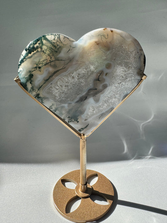 Moss Agate Druze Heart on Gold Stand