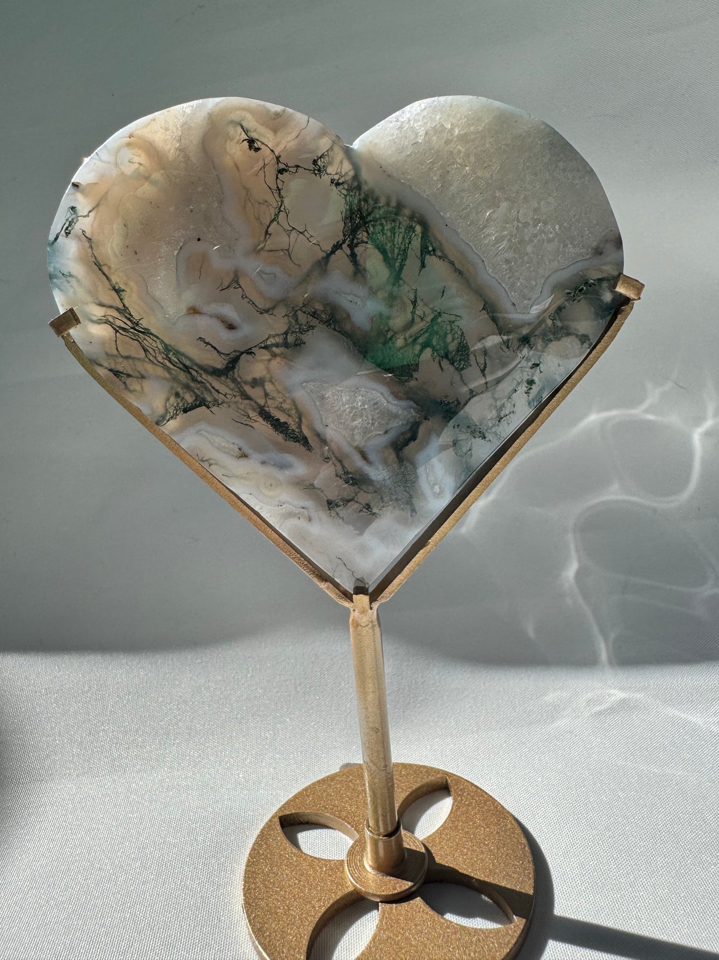 Moss Agate Druze Heart on Gold Stand | Online Crystals NZ