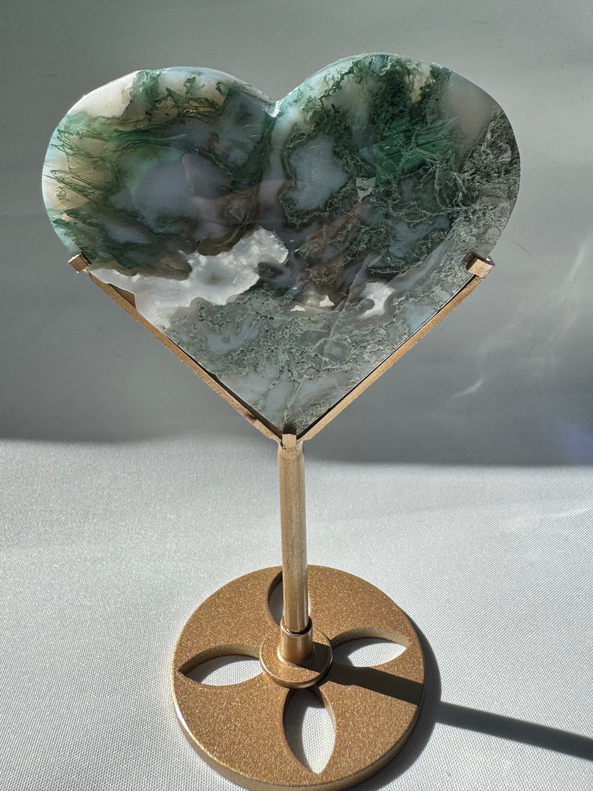 Moss Agate Druze Heart on Gold Stand