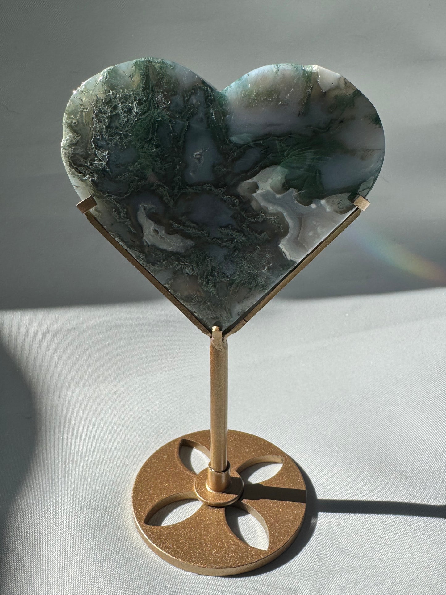 Moss Agate Druze Heart on Gold Stand