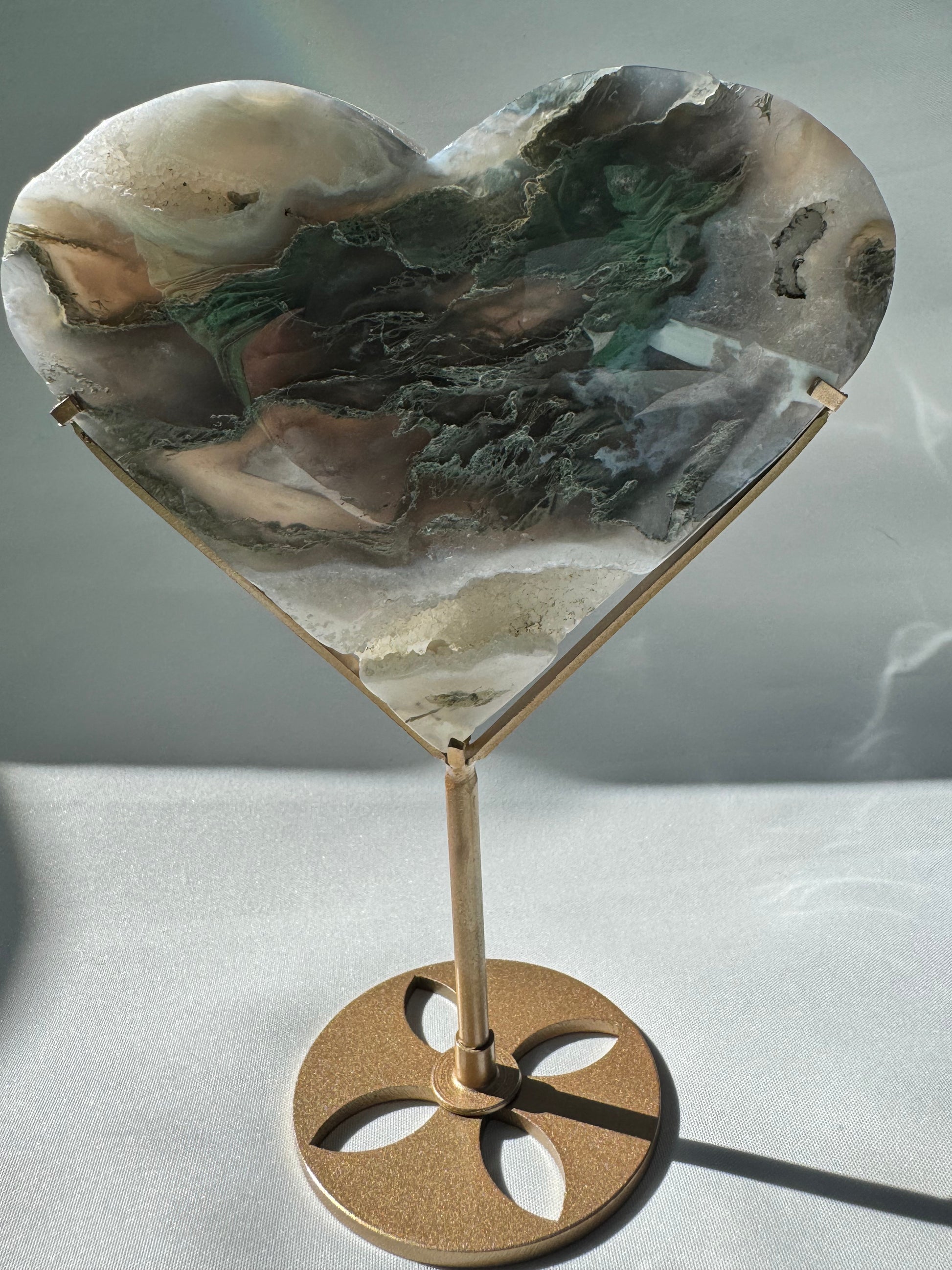 Moss Agate Druze Heart on Gold Stand