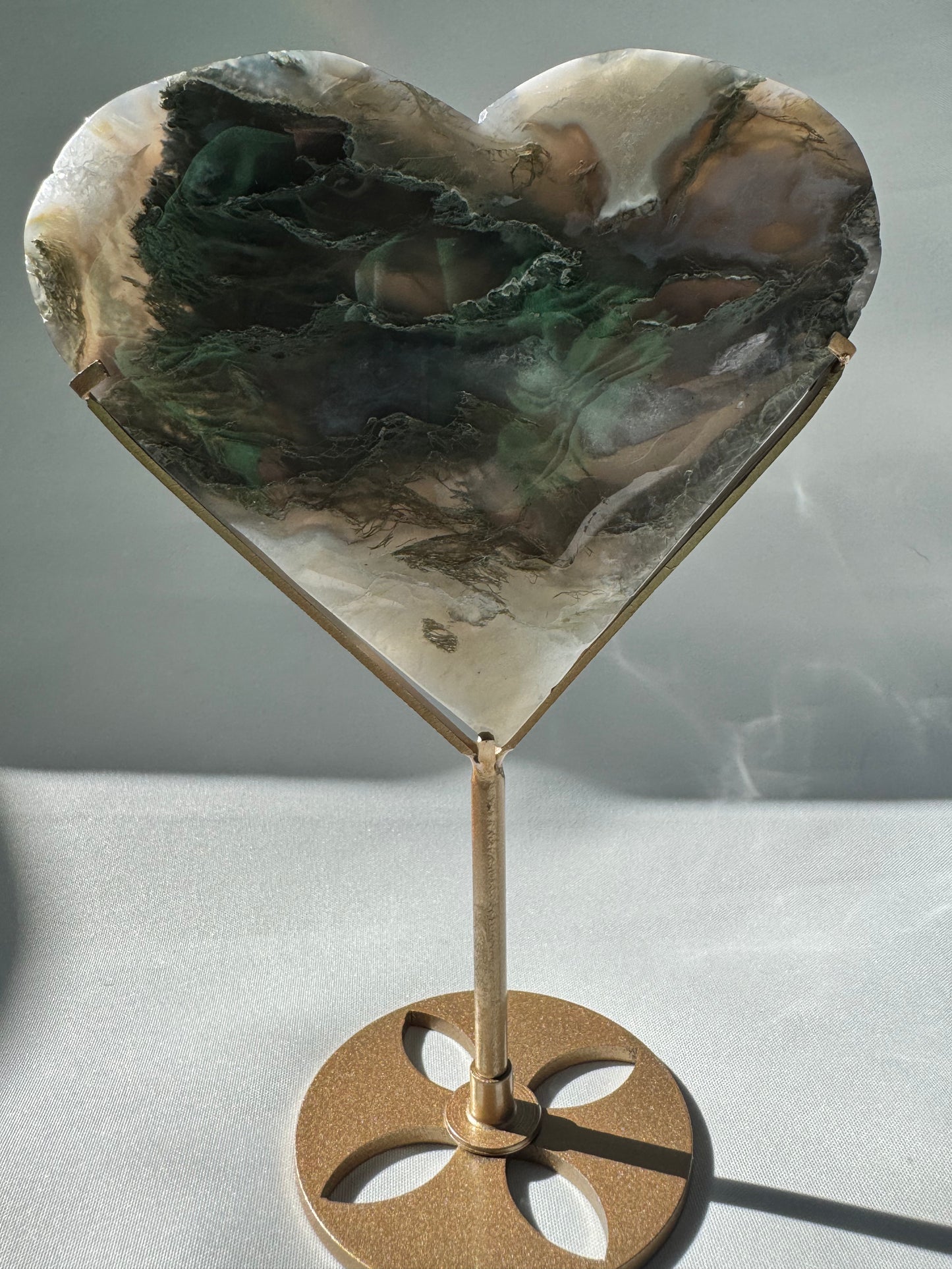 Moss Agate Druze Heart on Gold Stand
