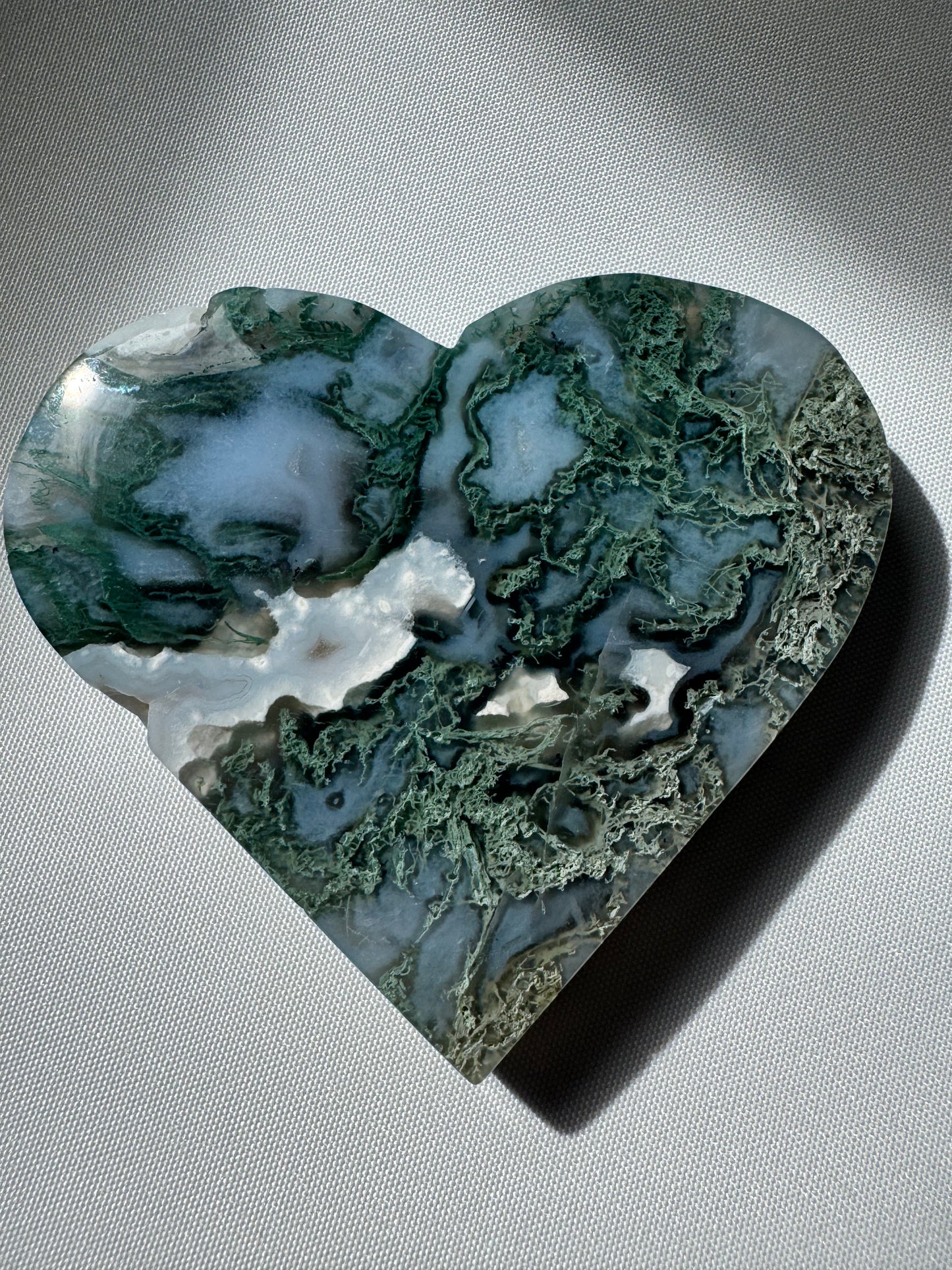 Moss Agate Druze Heart on Gold Stand