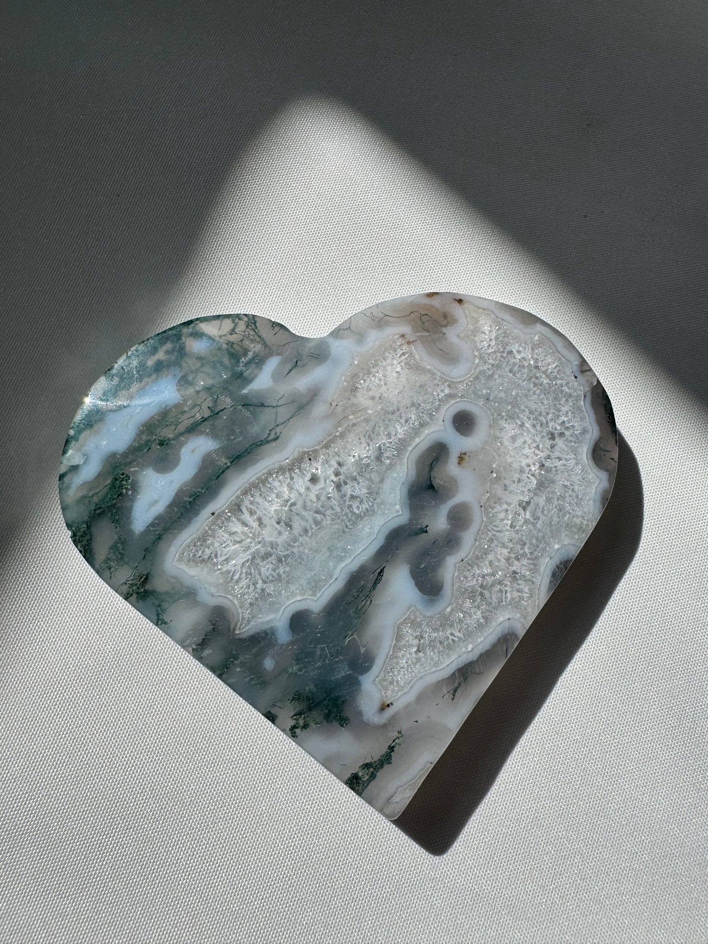 Moss Agate Druze Heart on Gold Stand | Bespoke Crystals NZ