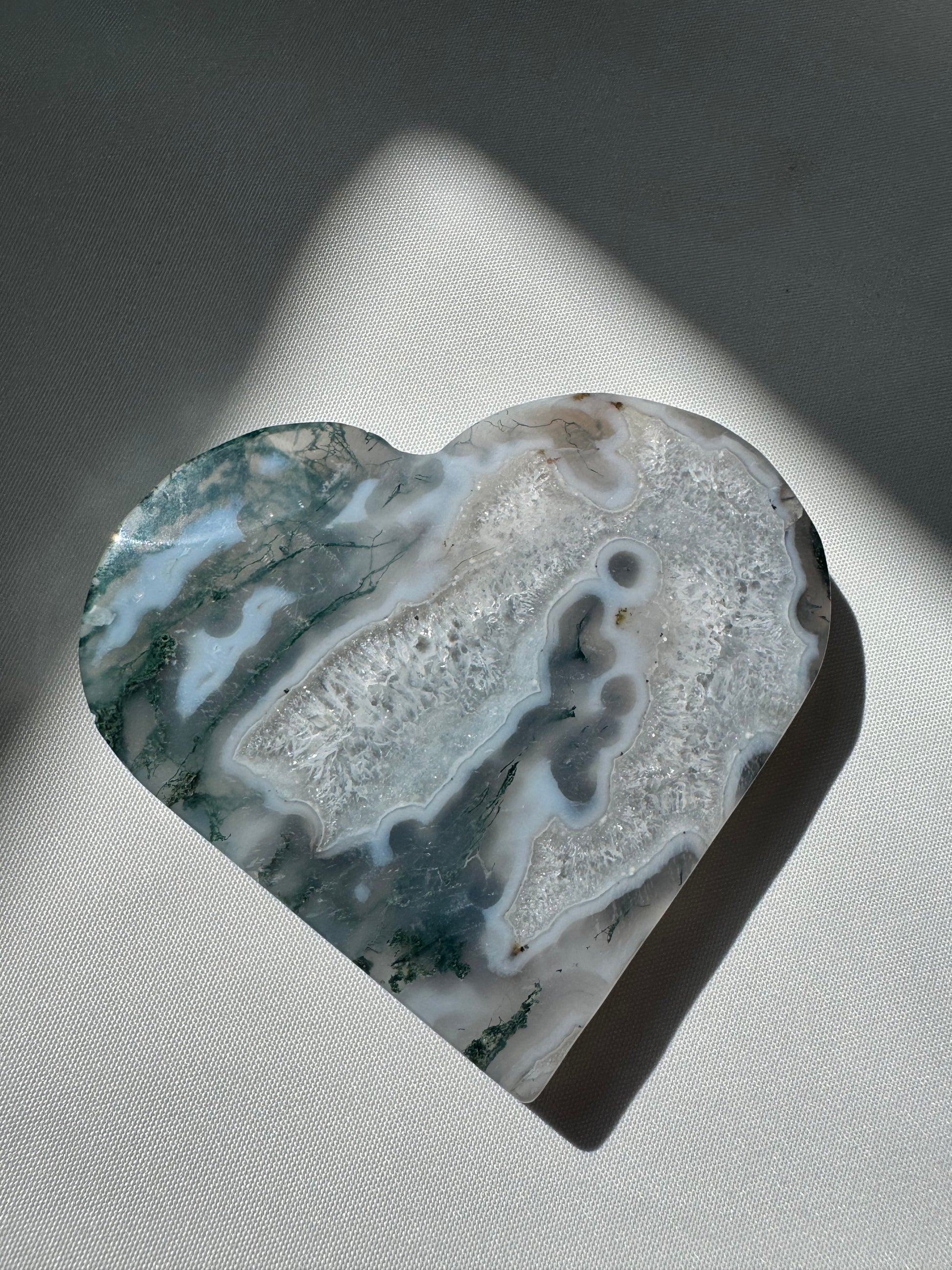 Moss Agate Druze Heart on Gold Stand | Bespoke Crystals NZ