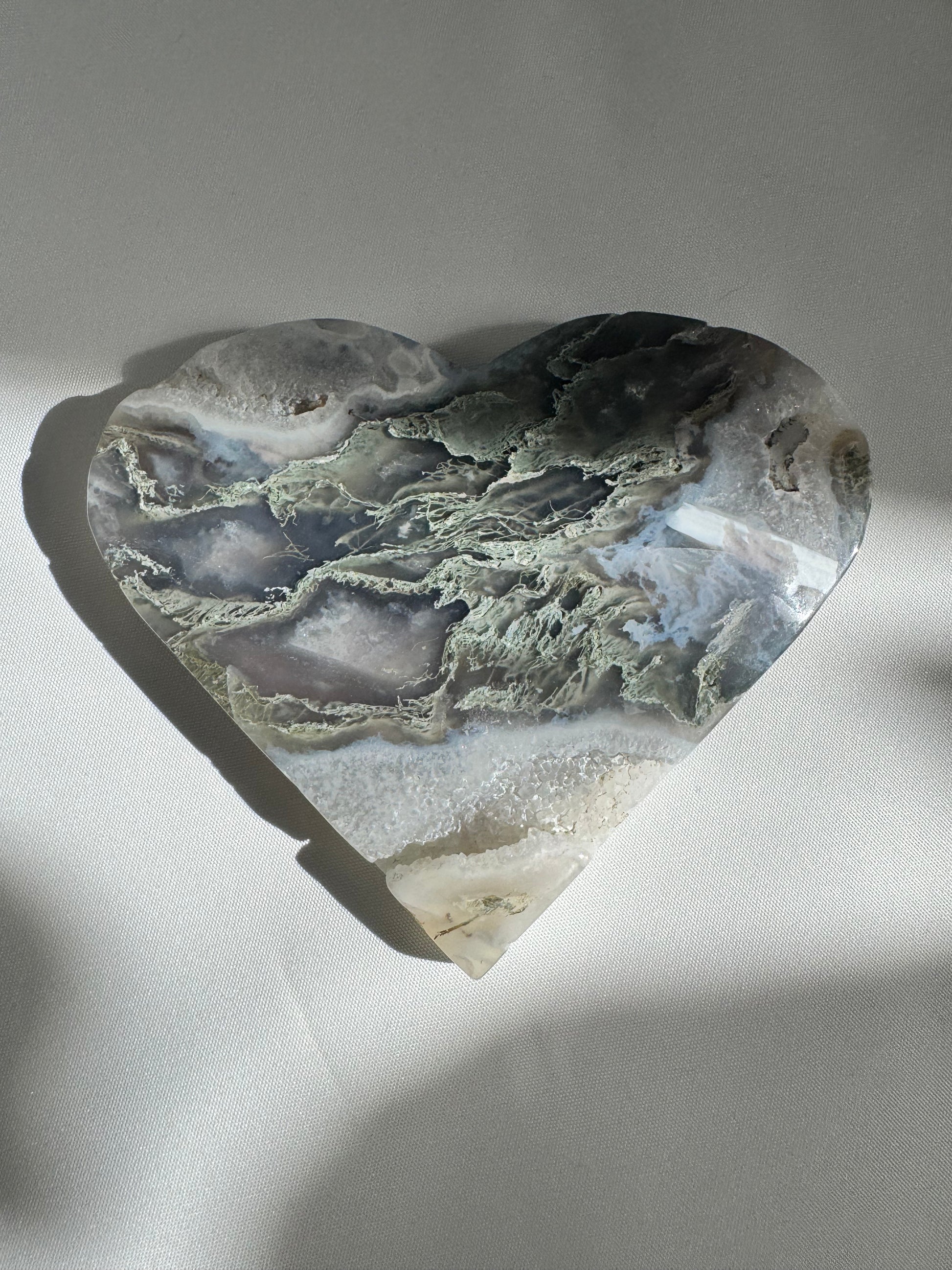 Moss Agate heart crystal with detailed natural Druze | Healing Crystals NZ
