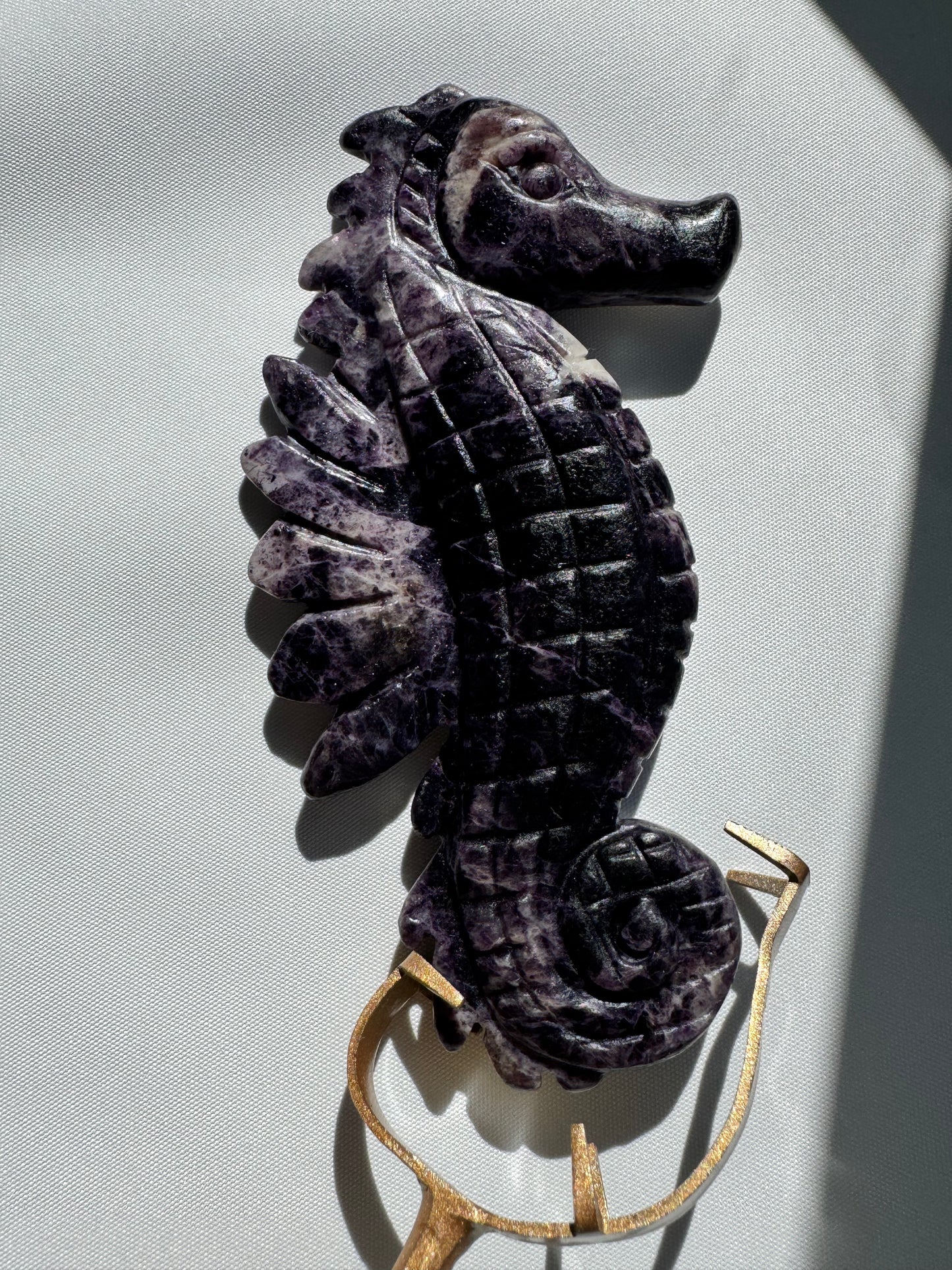 Purple Chevron Amethyst Seahorse carving | Online crystals shop NZ