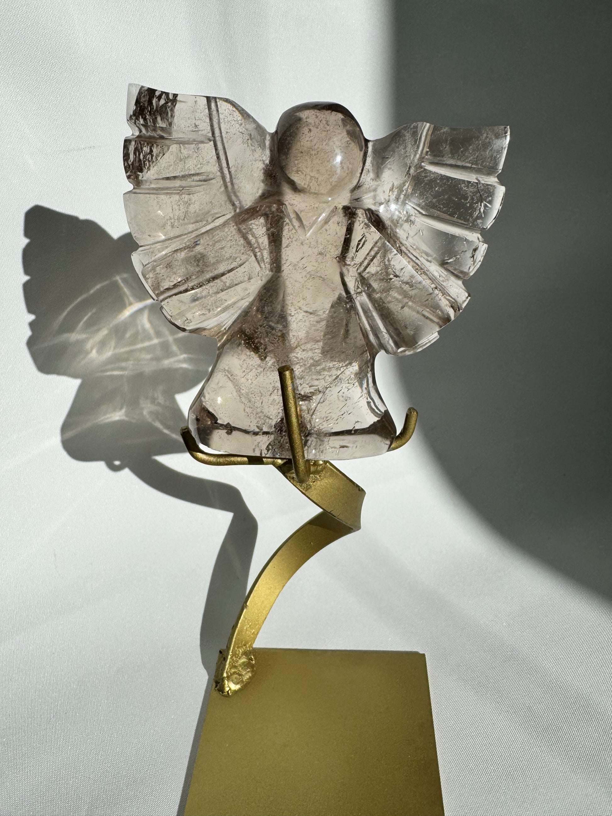 Back view of Smoky Quartz crystal angel with gold stand | Bespoke Crystals NZ