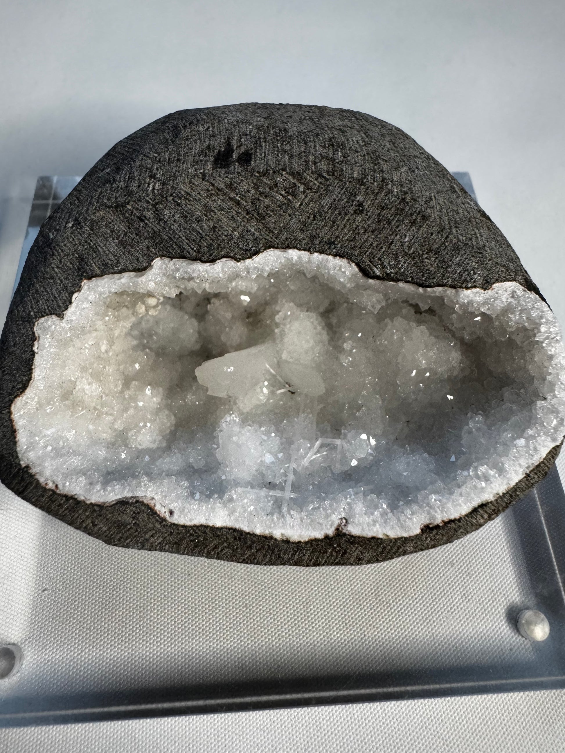 Scolecite & Quartz Crystal Geode with radiant white needle-like formations inside a dark stone shell, sourced from Ajanta Mines, Maharashtra, India.