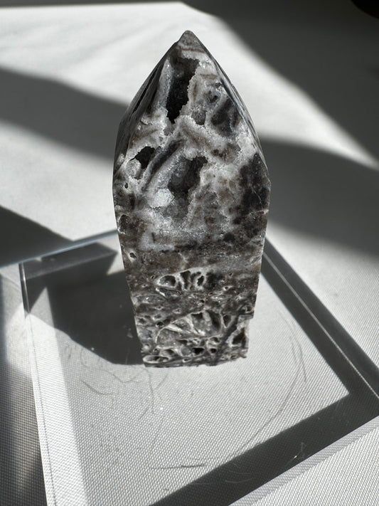 Sphalerite Crystal Druze Tower #2 with intricate black and white mineral patterns, displayed upright on a clear acrylic base. Crystals NZ collectible.