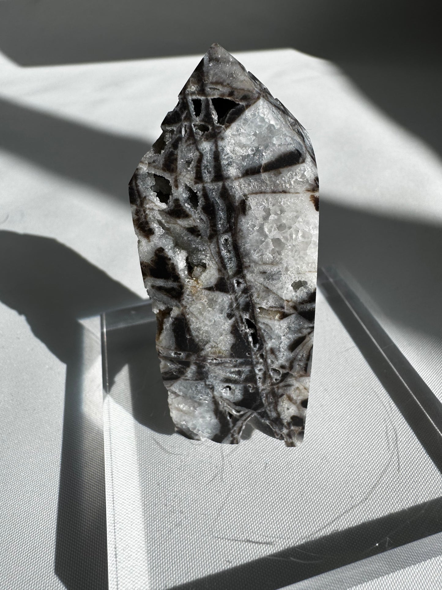 Standing Sphalerite Crystal Druze Tower #1 with pointed top and unique dark lattice inclusions, perfect for bespoke crystal collections.