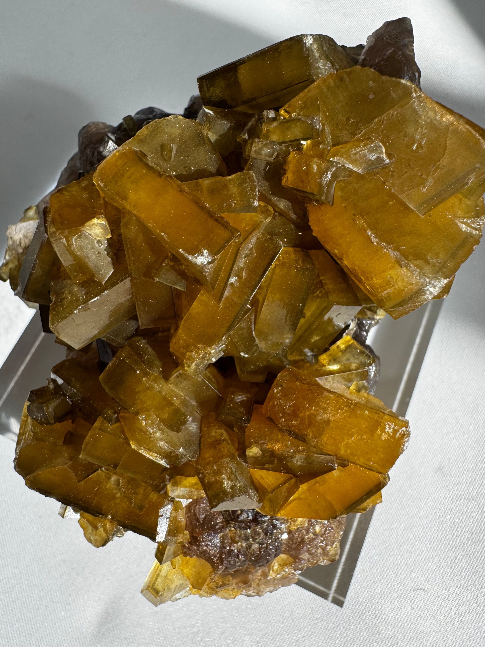 Golden Barite Crystal on Boytroidal Purple Fluorite