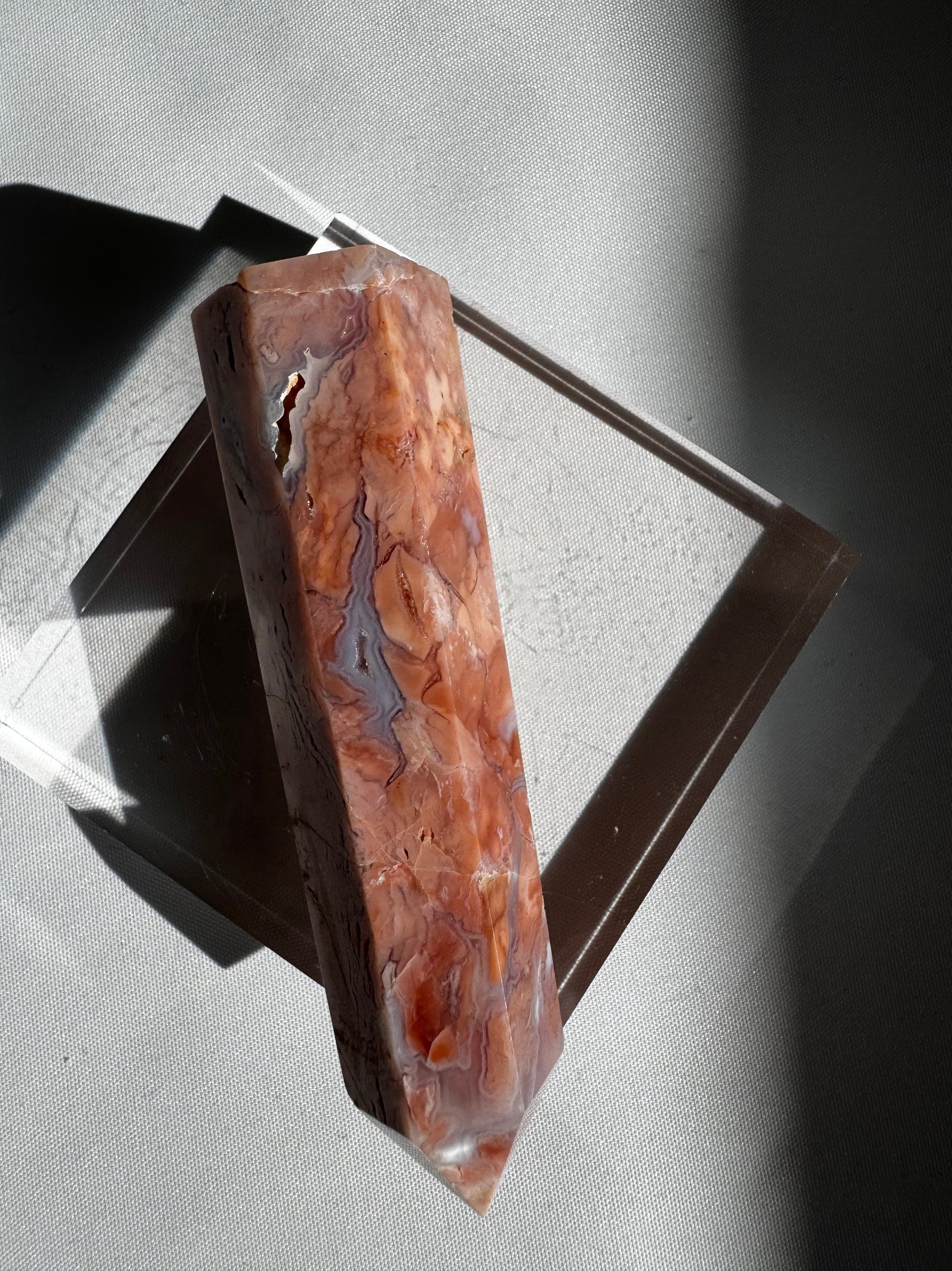 Cotton Candy Agate Crystal Point #1 featuring rich pink and lavender hues with natural inclusions, displayed on a clear acrylic stand.