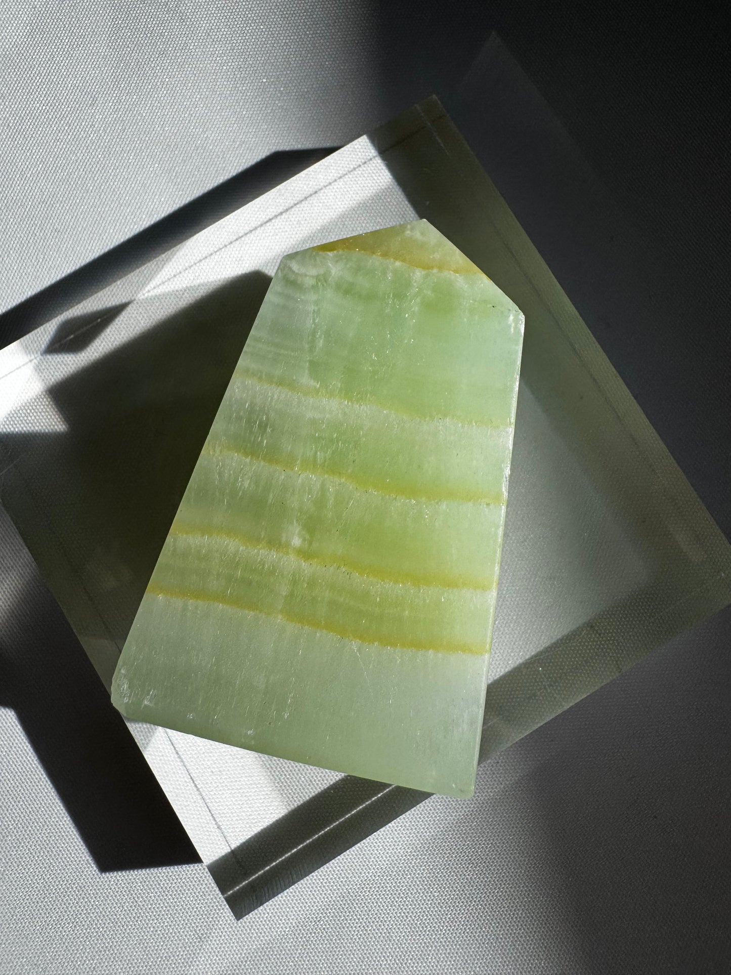 Angled top view of Pistachio Calcite Crystal Mini Tower #5 | Bespoke Crystals